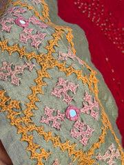 Pista & Red Kantha with Bandhani Fusion Saree