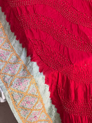 Pista & Red Kantha with Bandhani Fusion Saree