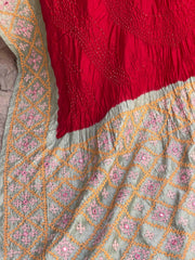 Pista & Red Kantha with Bandhani Fusion Saree