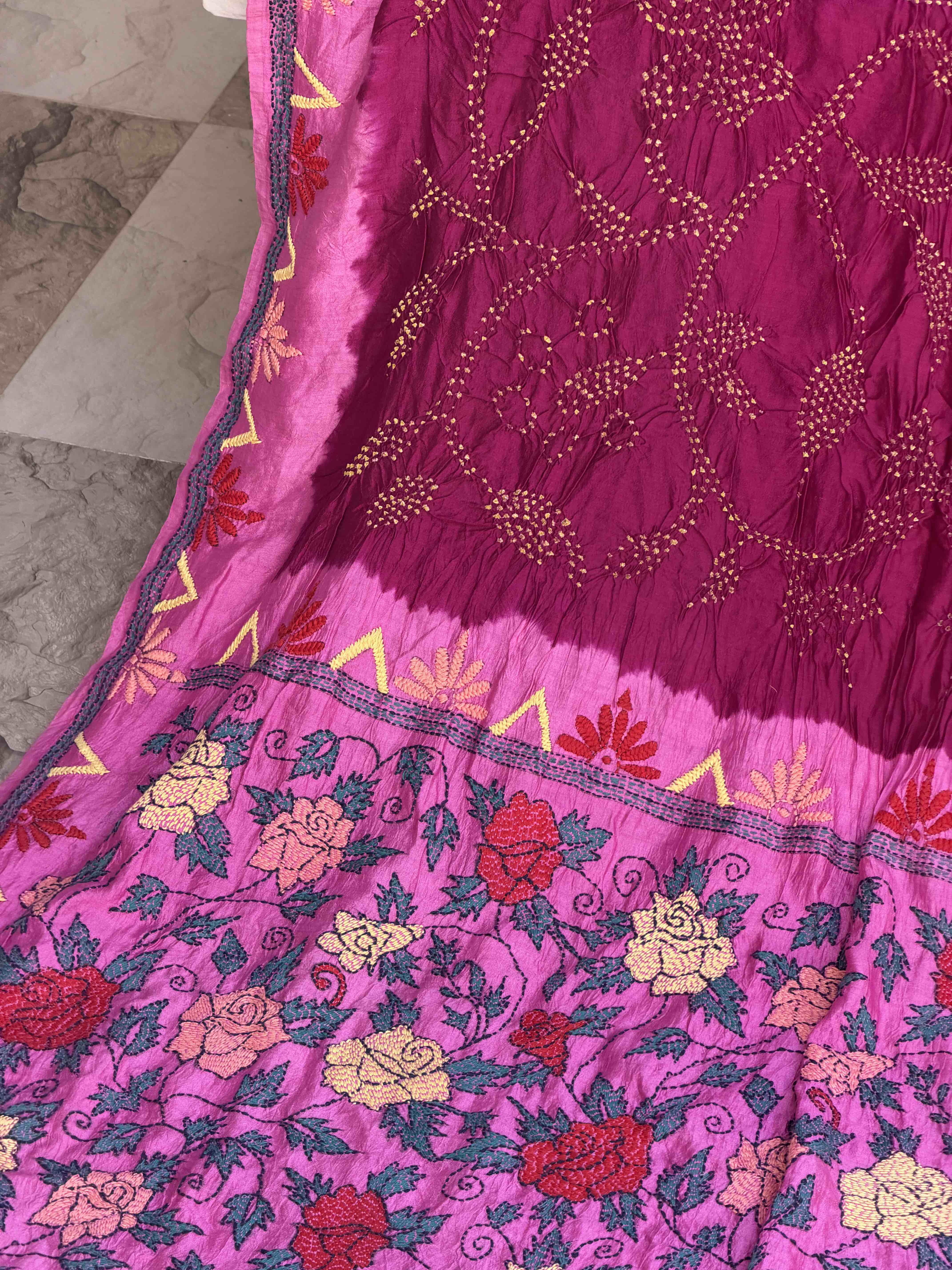 Pink & Magenta Kantha with Bandhani Fusion Saree