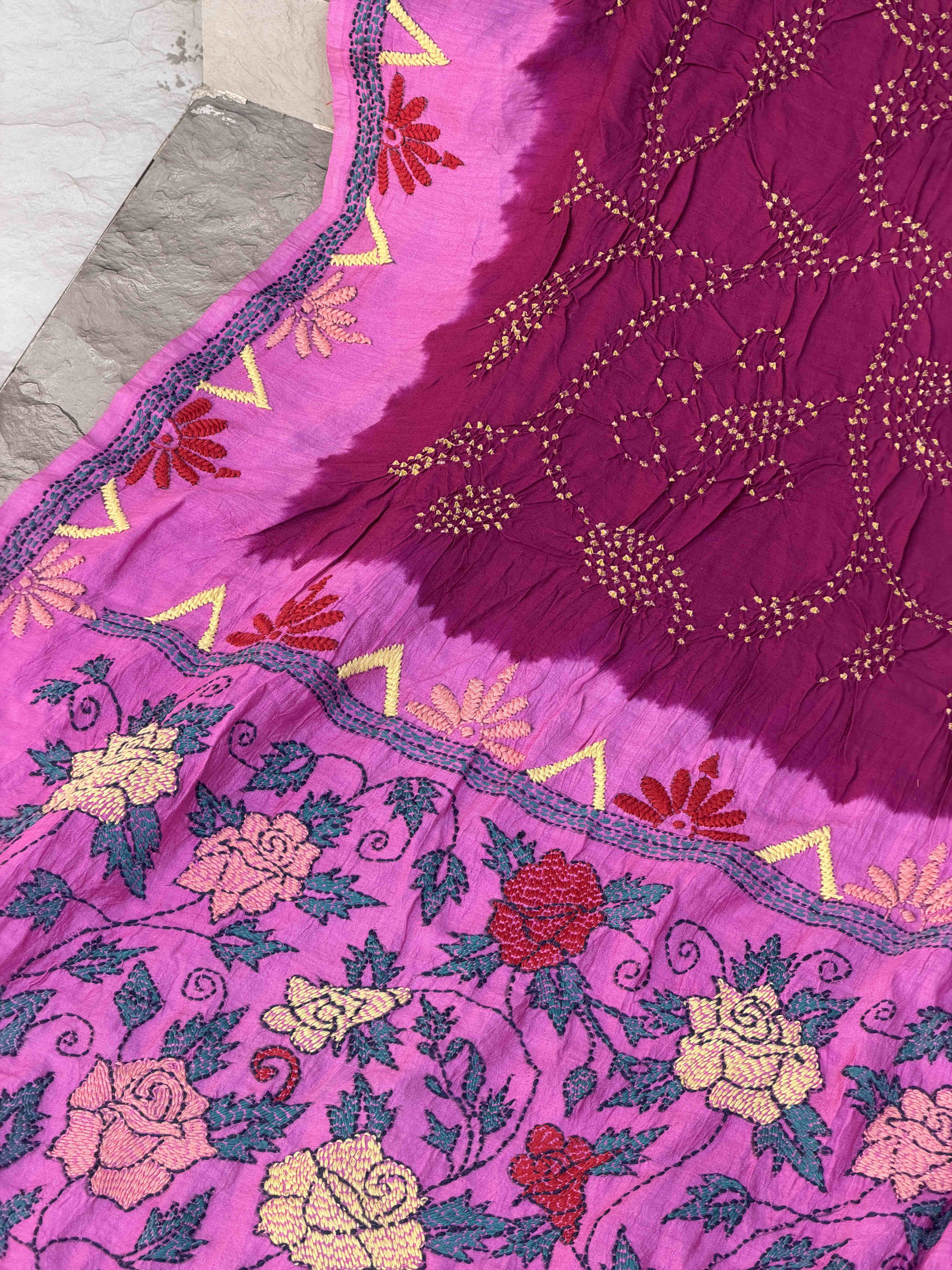 Pink & Magenta Kantha with Bandhani Fusion Saree