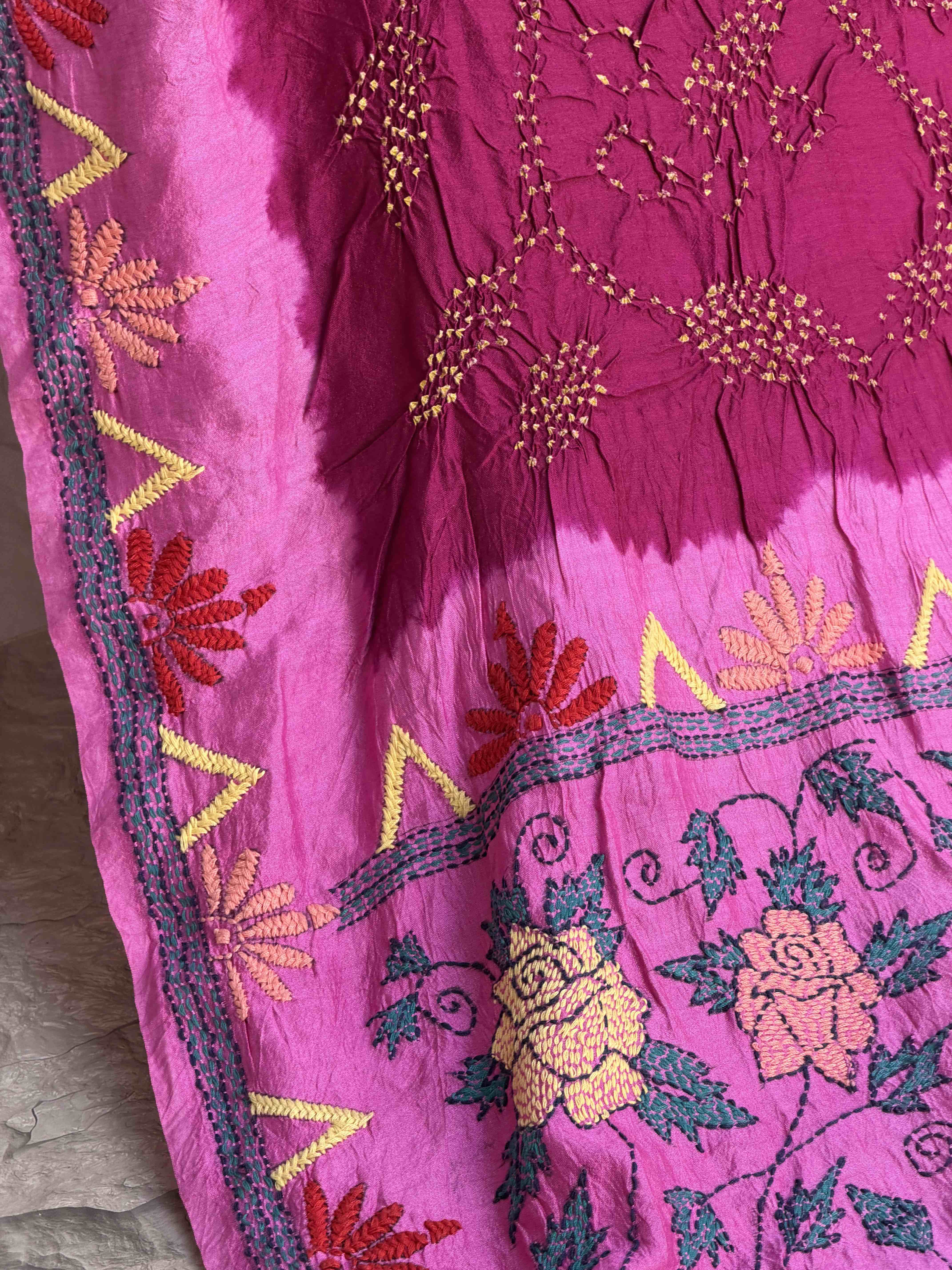Pink & Magenta Kantha with Bandhani Fusion Saree