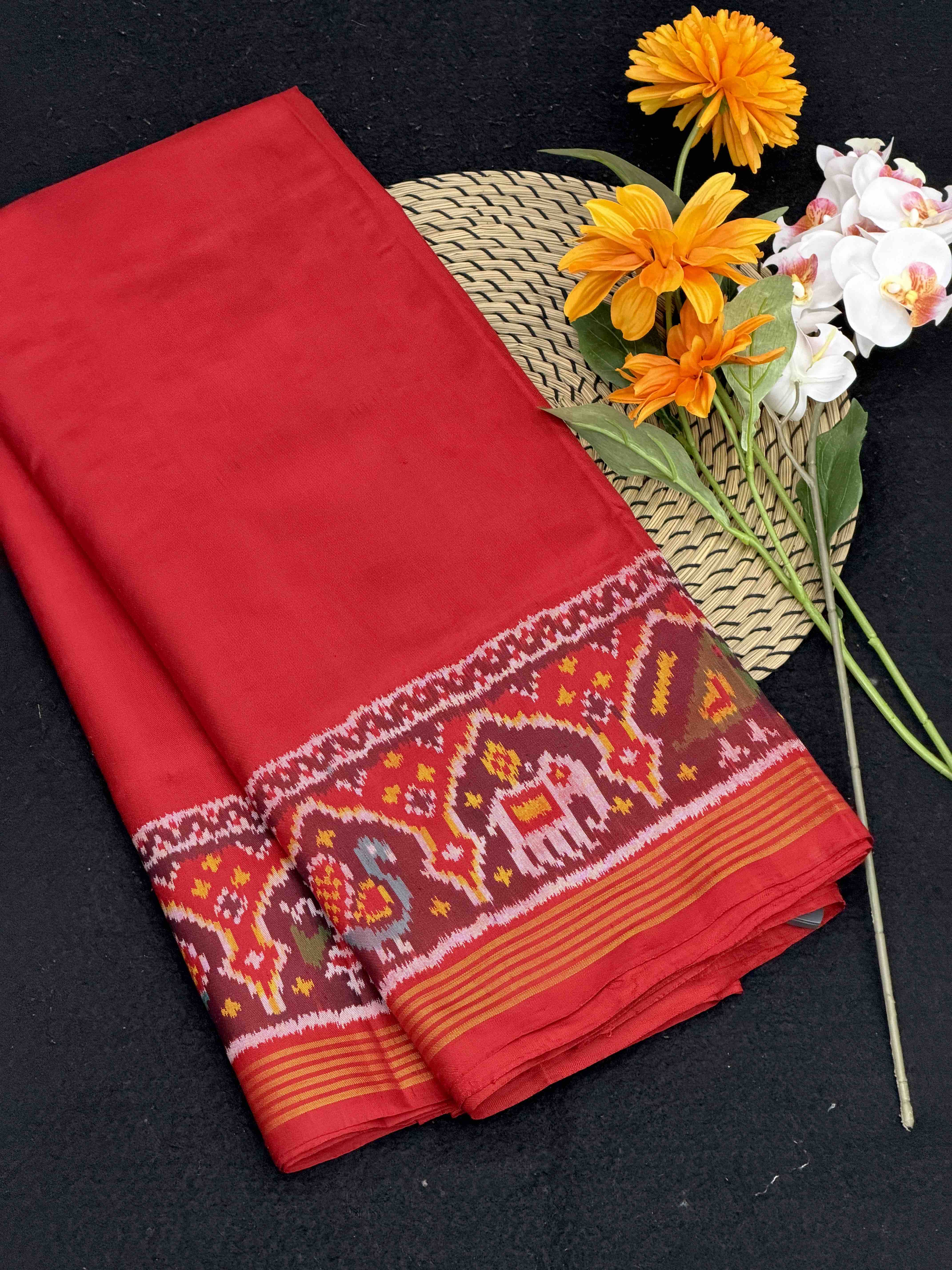 Red plain Gala Border Patola Saree