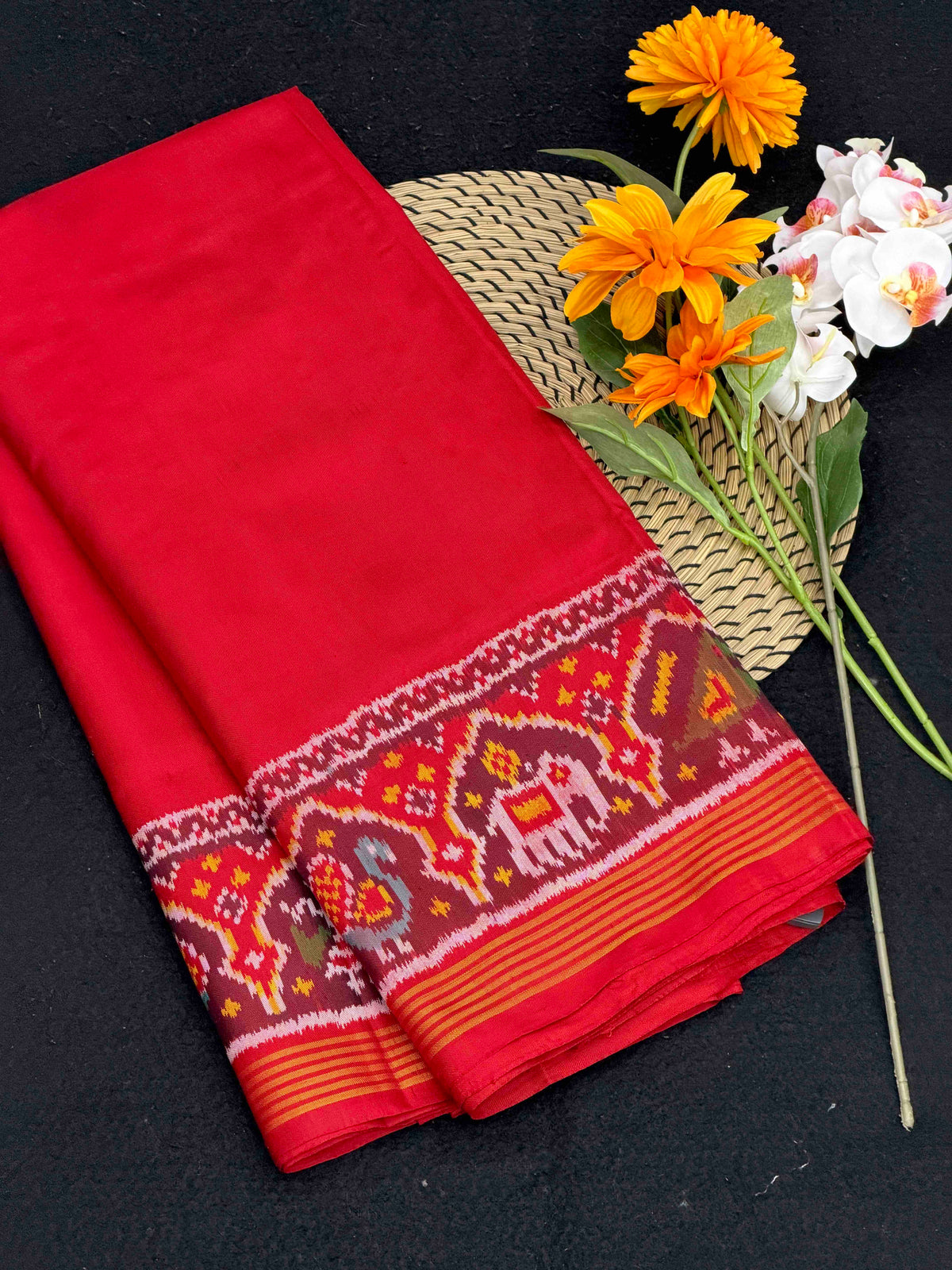 Red plain Gala Border Patola Saree