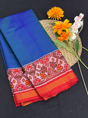 Red & Cobalt blue shaded Plain Patola Saree