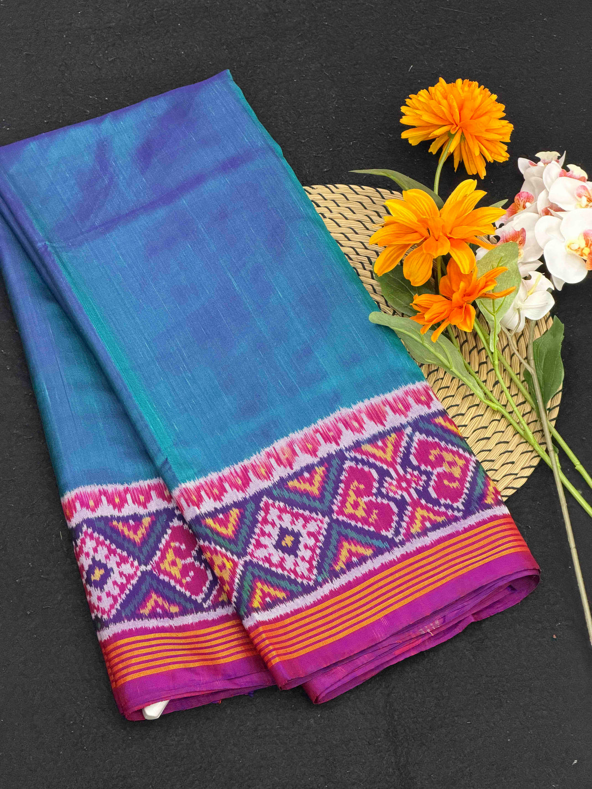 Purple & peacock Plain Gala Border Patola Saree Pure Silk