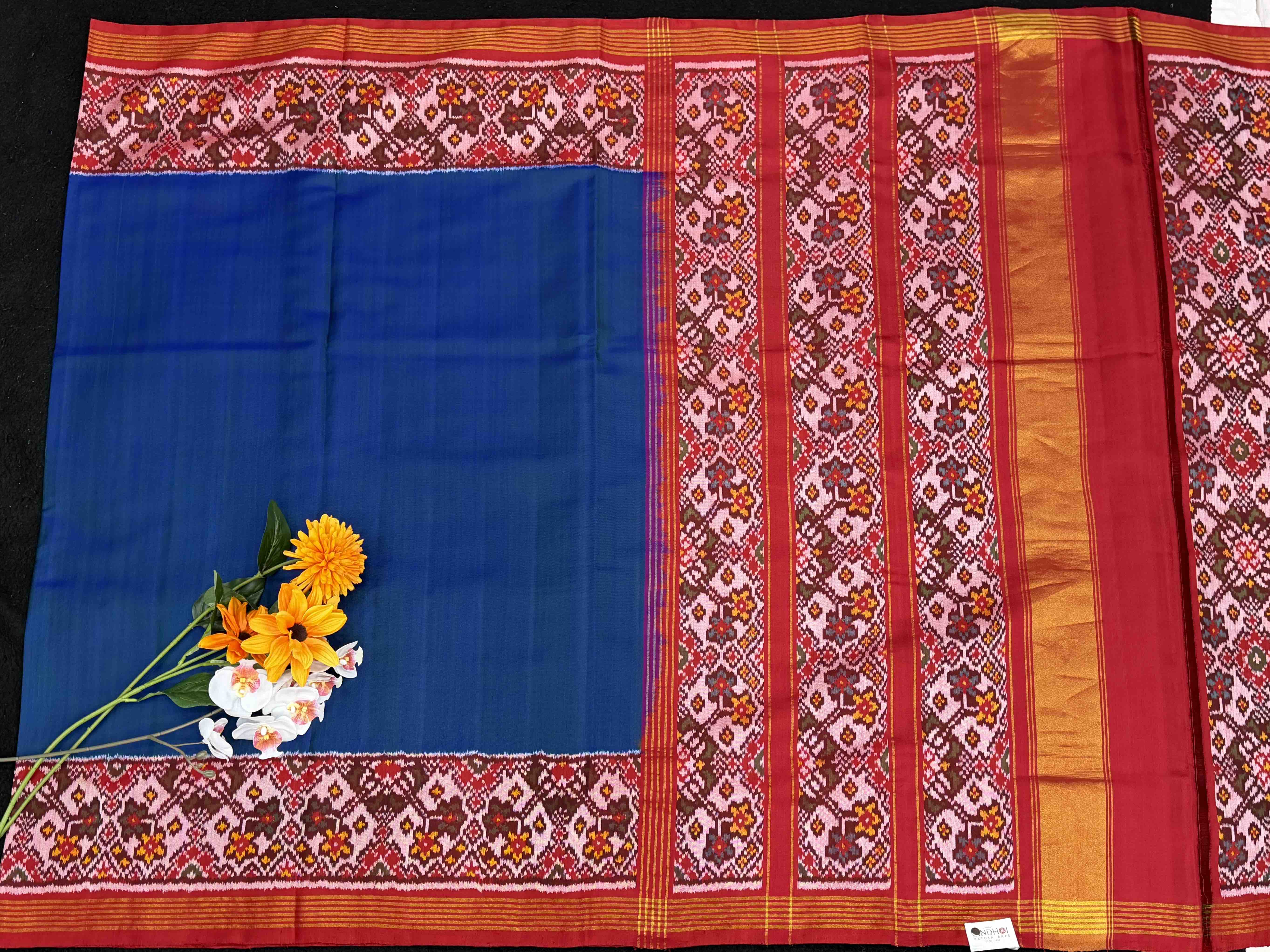 Red & Cobalt blue shaded Plain Patola Saree