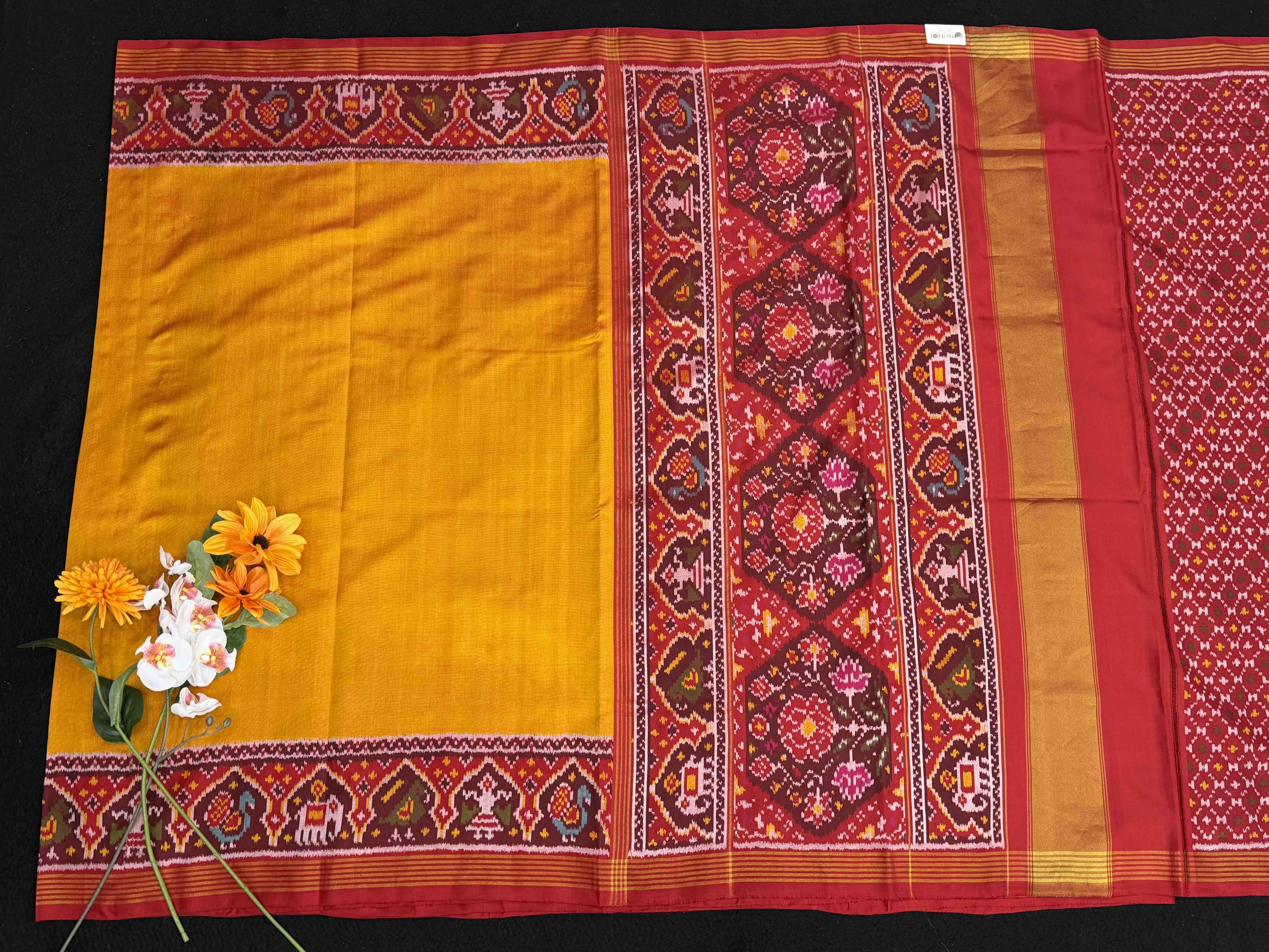 Red & Musterd plain Gala border patola saree