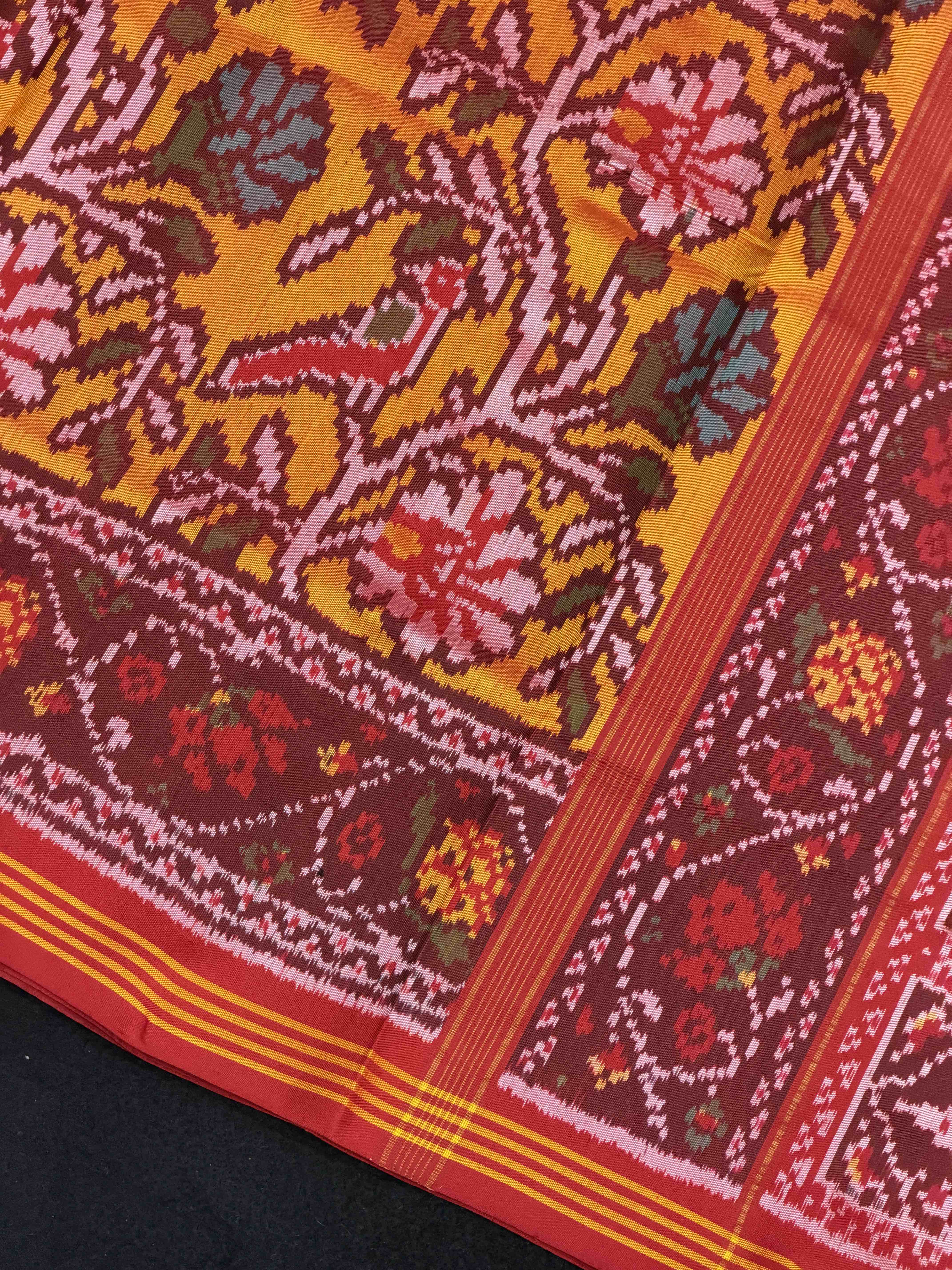 Maroon & Musterd Creeper Design Patola Saree