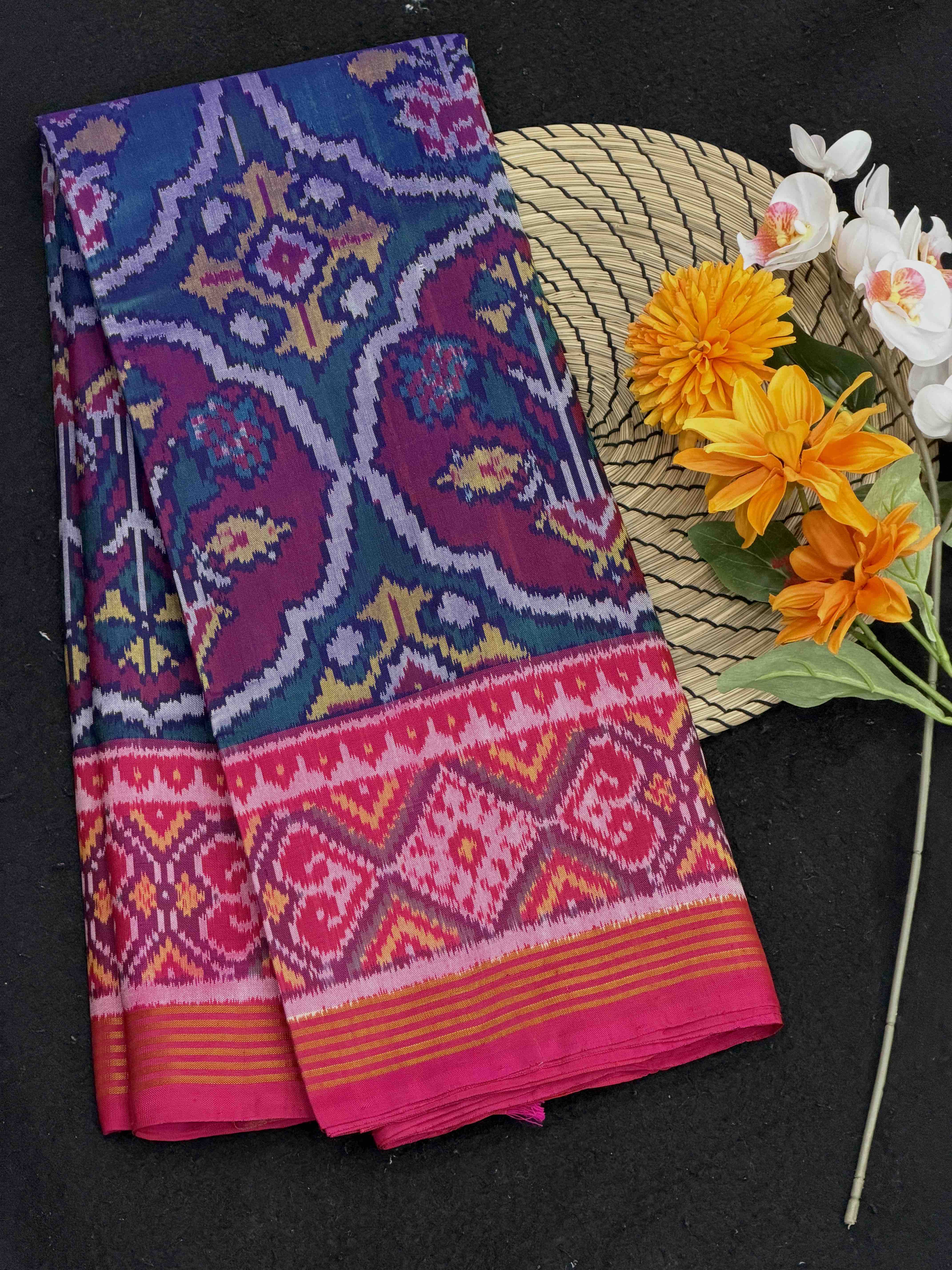 Pink & turquoise fancy floral Patola Saree