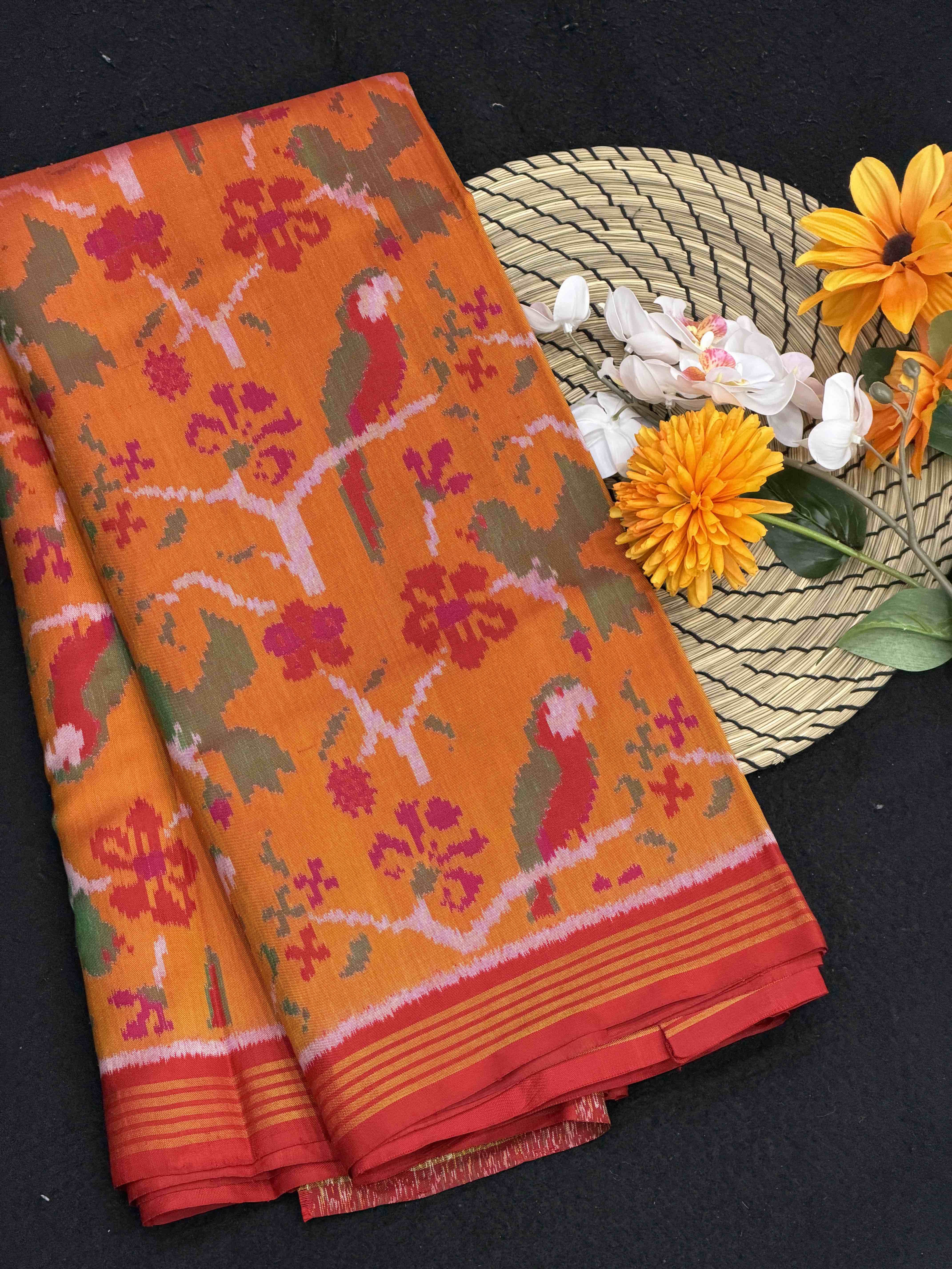 Red & rust orange parrot figure Patola saree