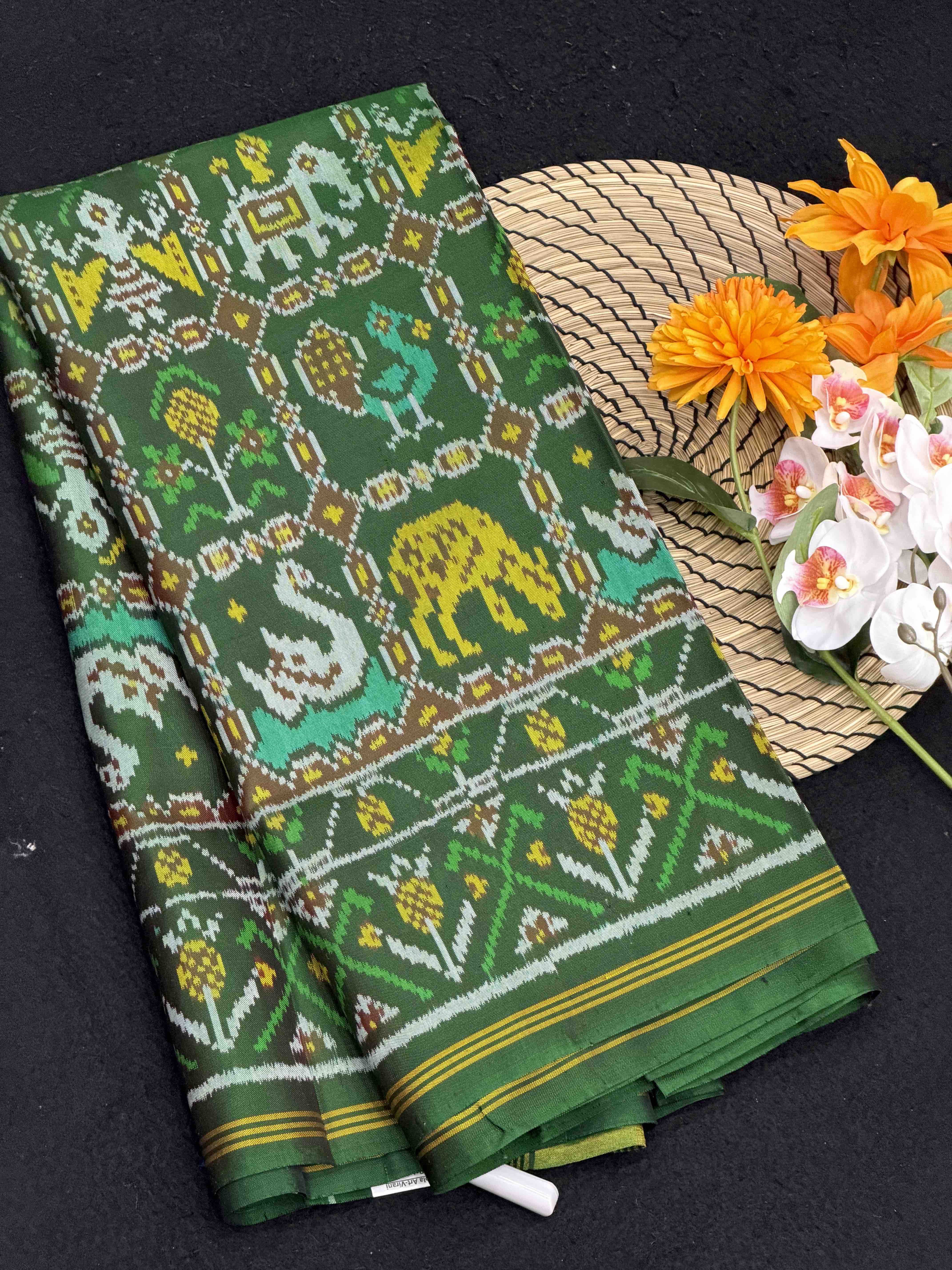 Full Green multiple motifs Patola Saree