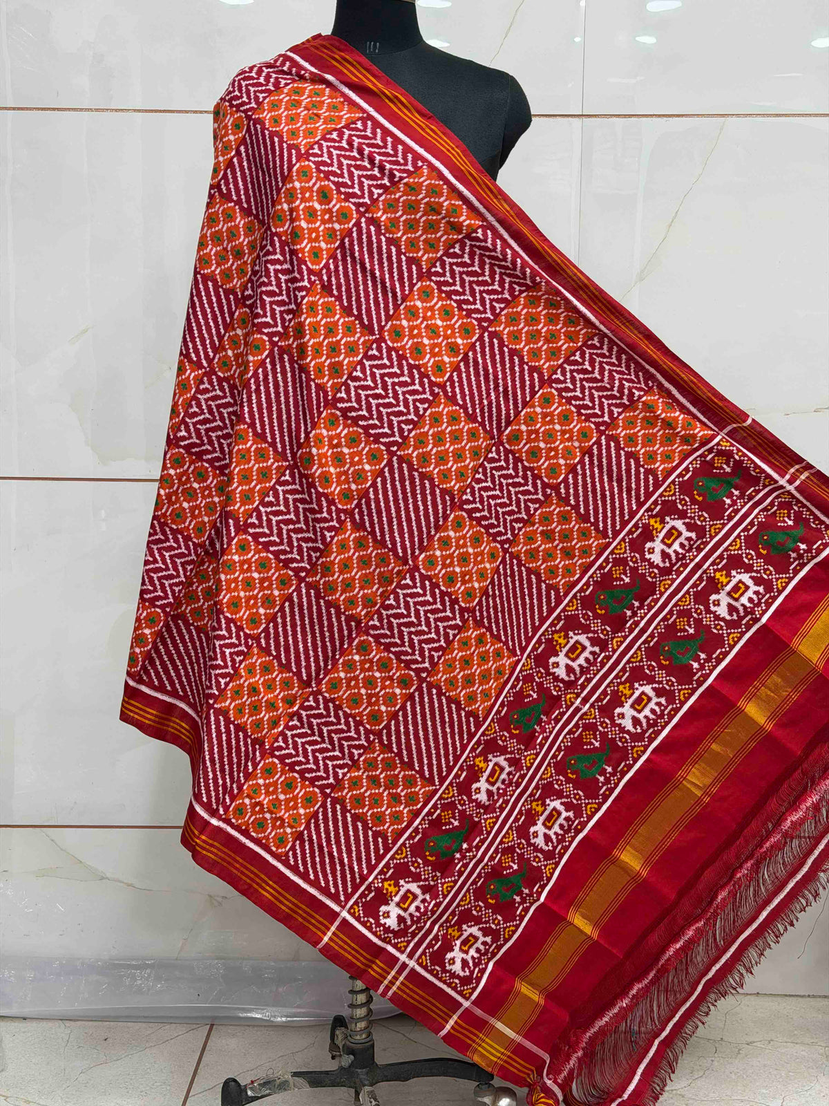 Red & orange fancy design Double Ikat Dupatta