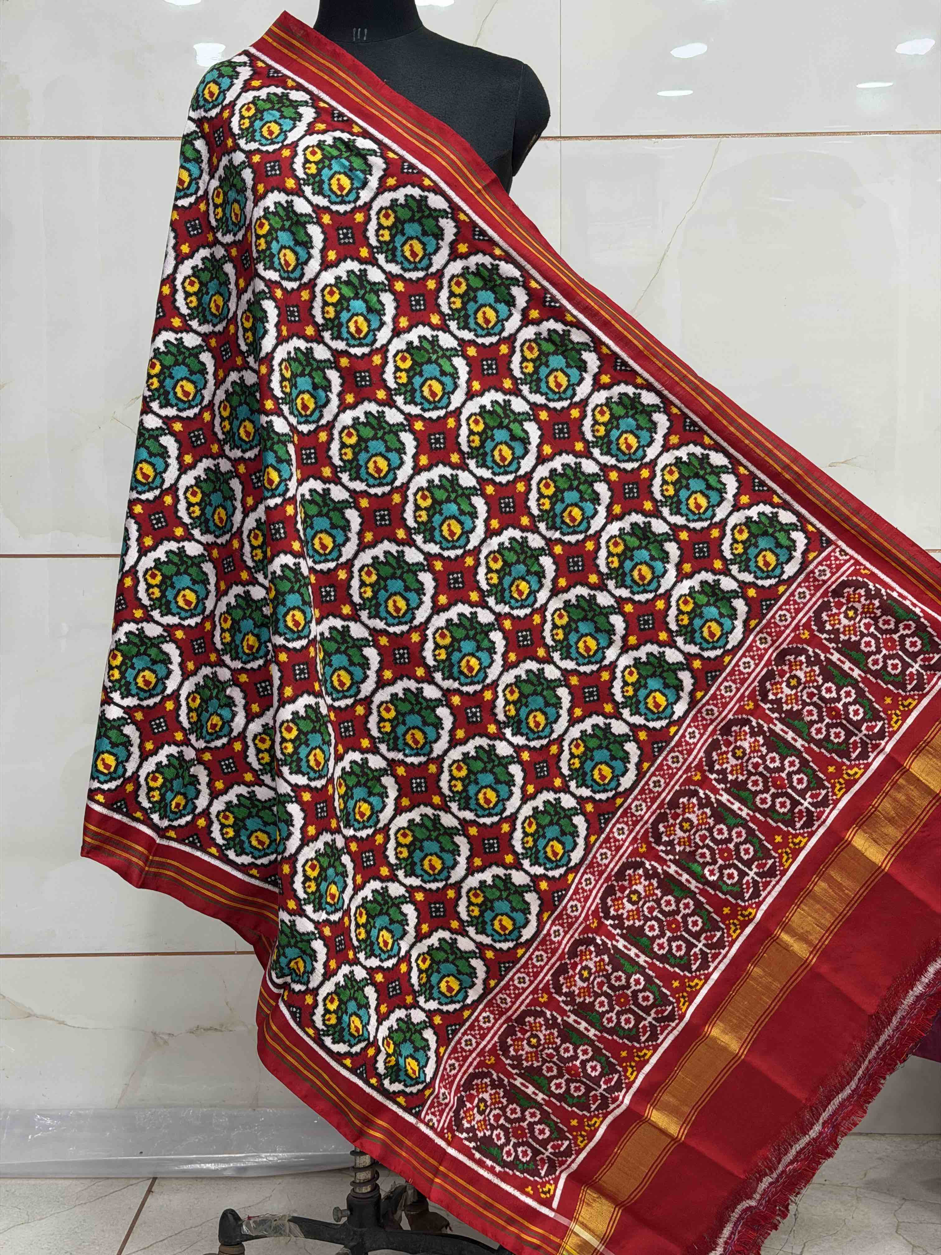 Red & white flowers design Double ikat Dupatta