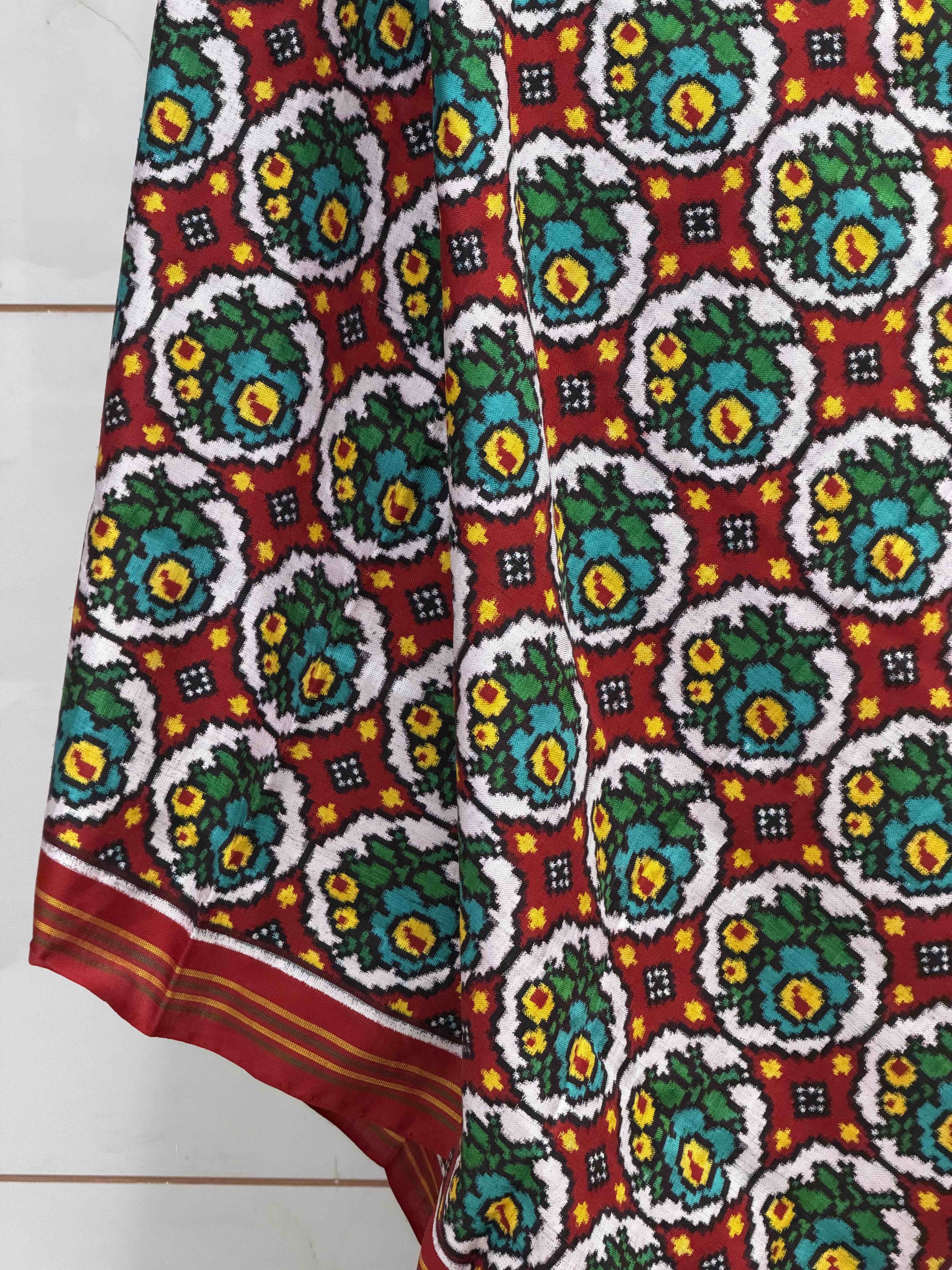 Red & white flowers design Double ikat Dupatta