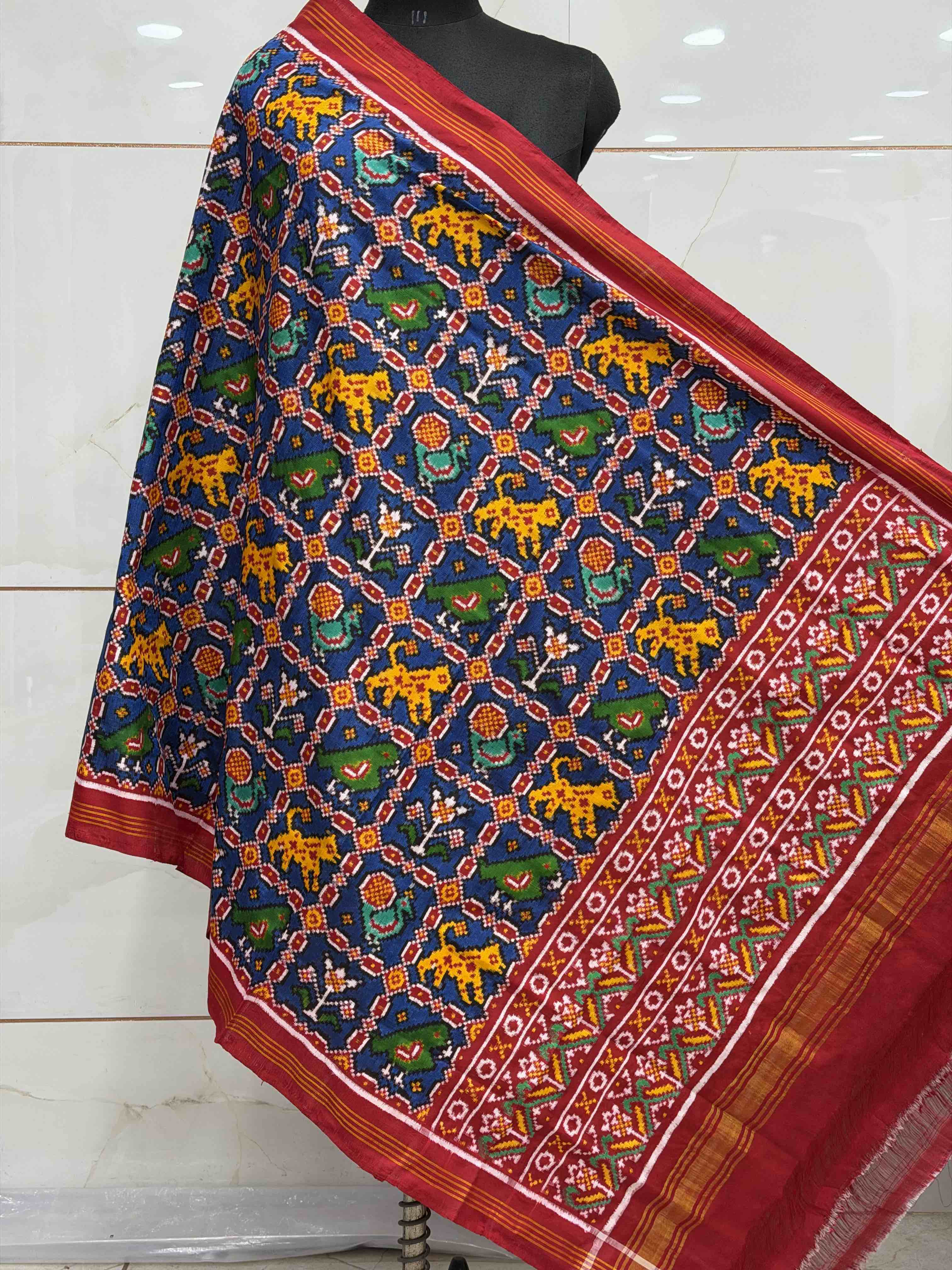 Red & Blue Multi Figure double Ikat Dupatta