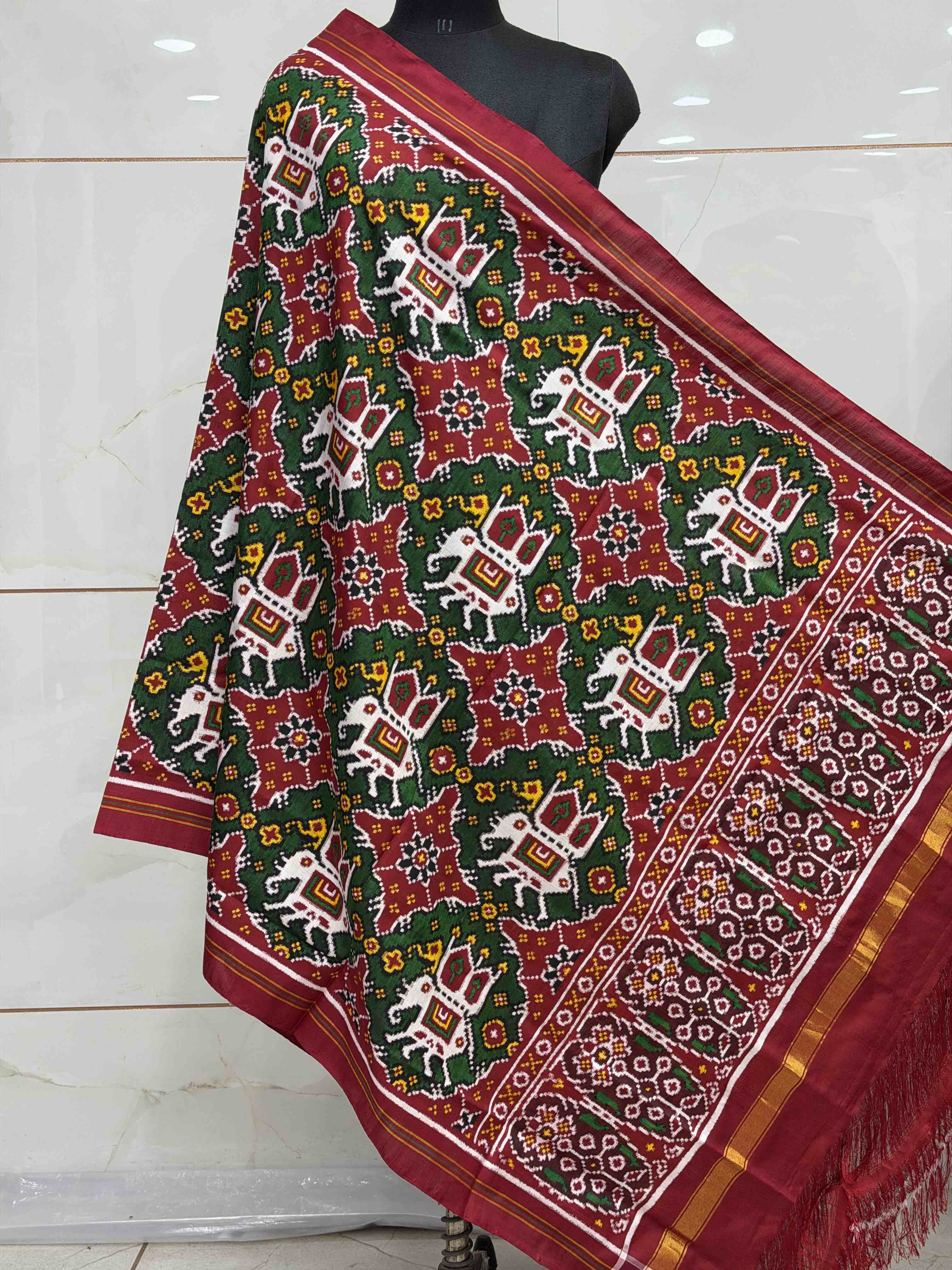 Red & green chhabdi figure double ikat Dupatta