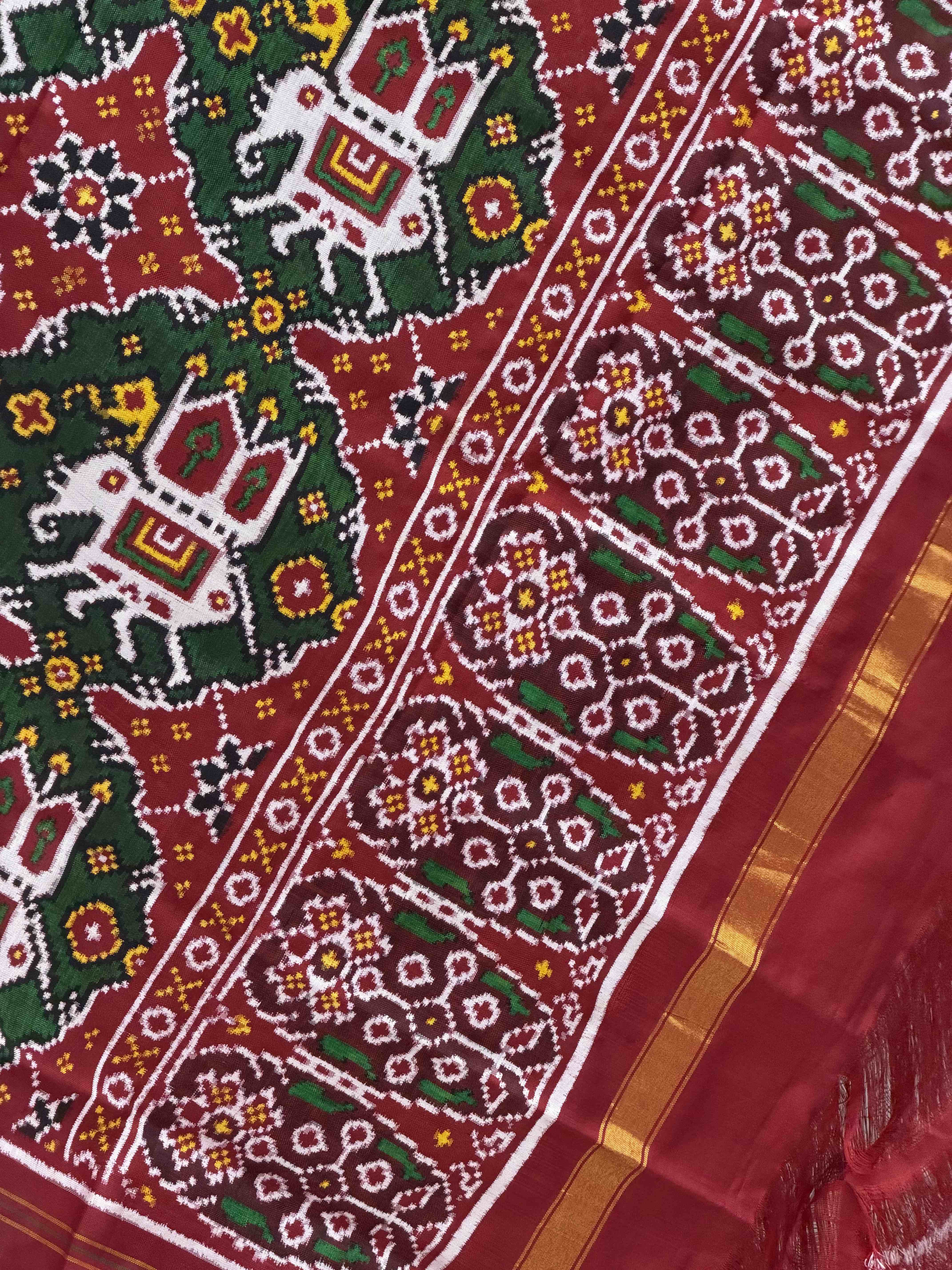 Red & green chhabdi figure double ikat Dupatta