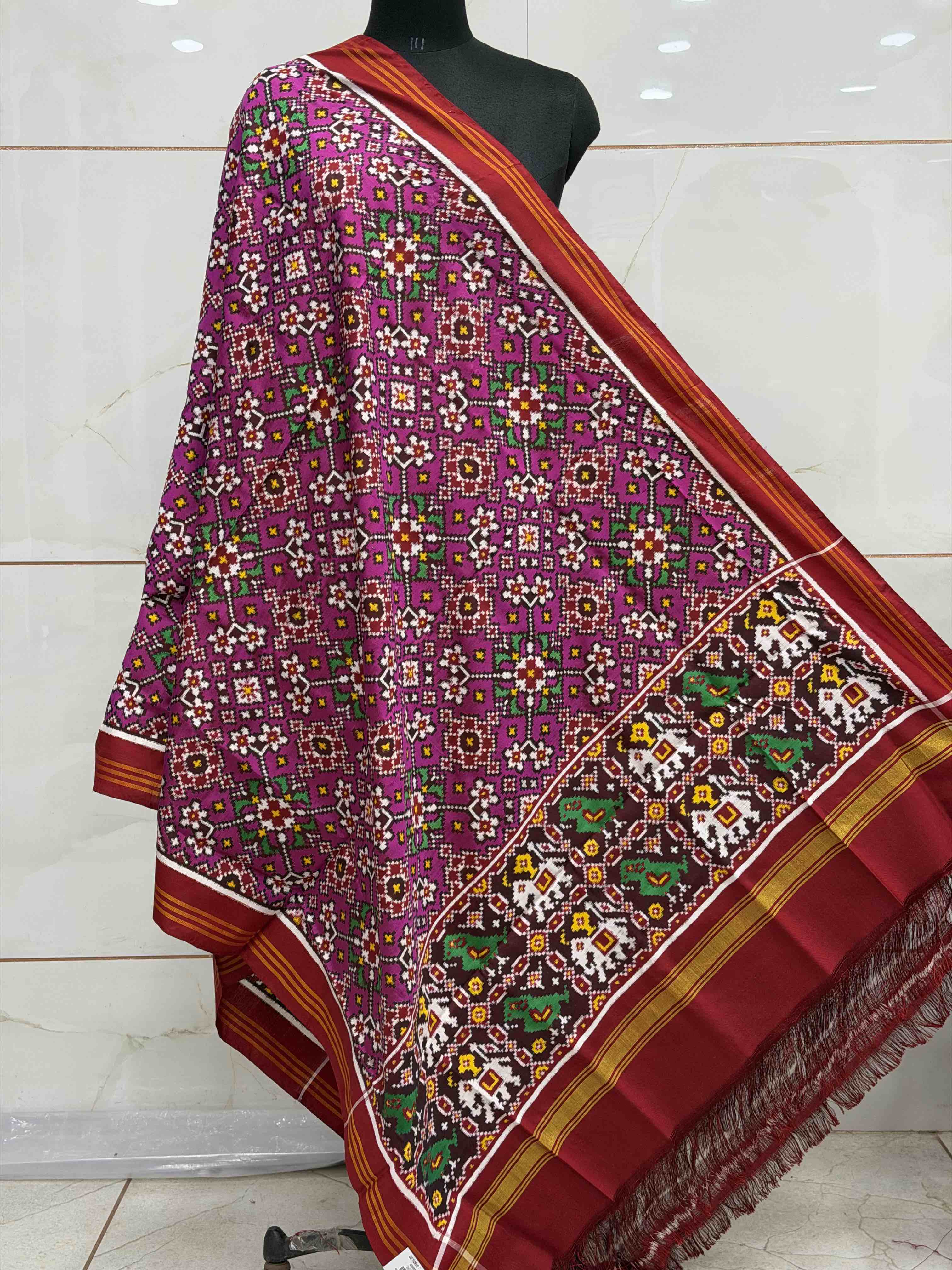 Red & magenta pink navaratan double ikat dupatta