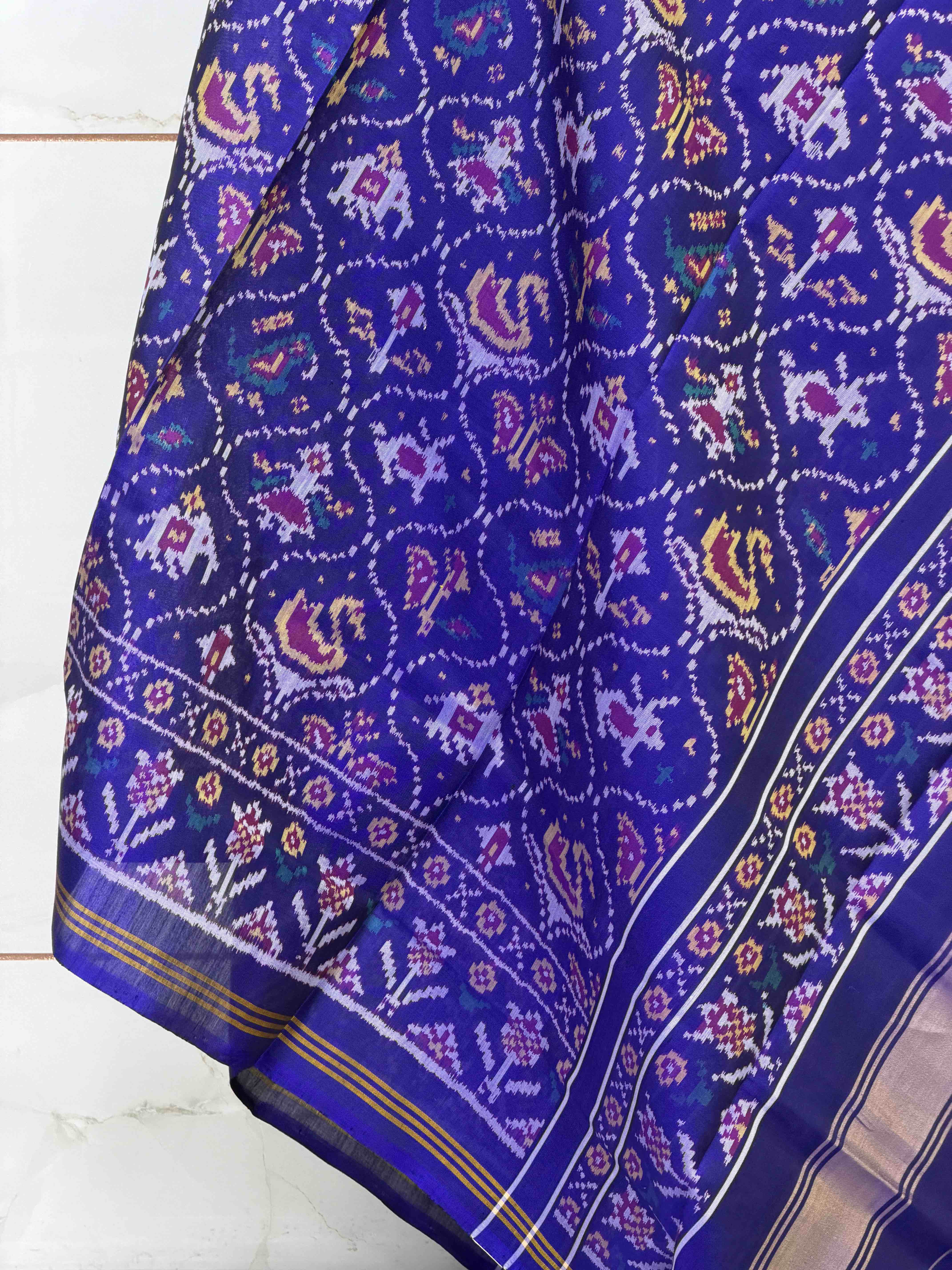 Blue Narikunj motif single Ikat Patola dupatta