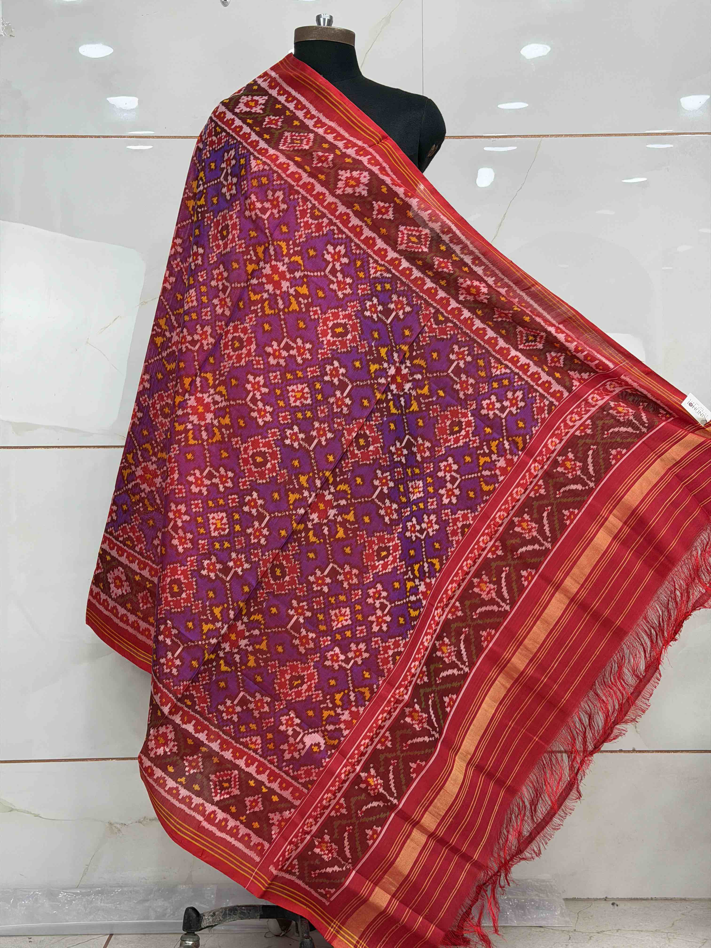 Red & shaded purple red navaratan single ikat dupatta