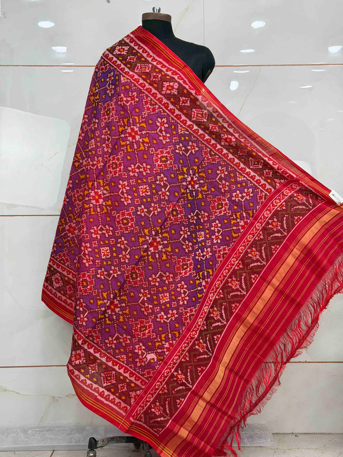 Red & shaded purple red navaratan single ikat dupatta