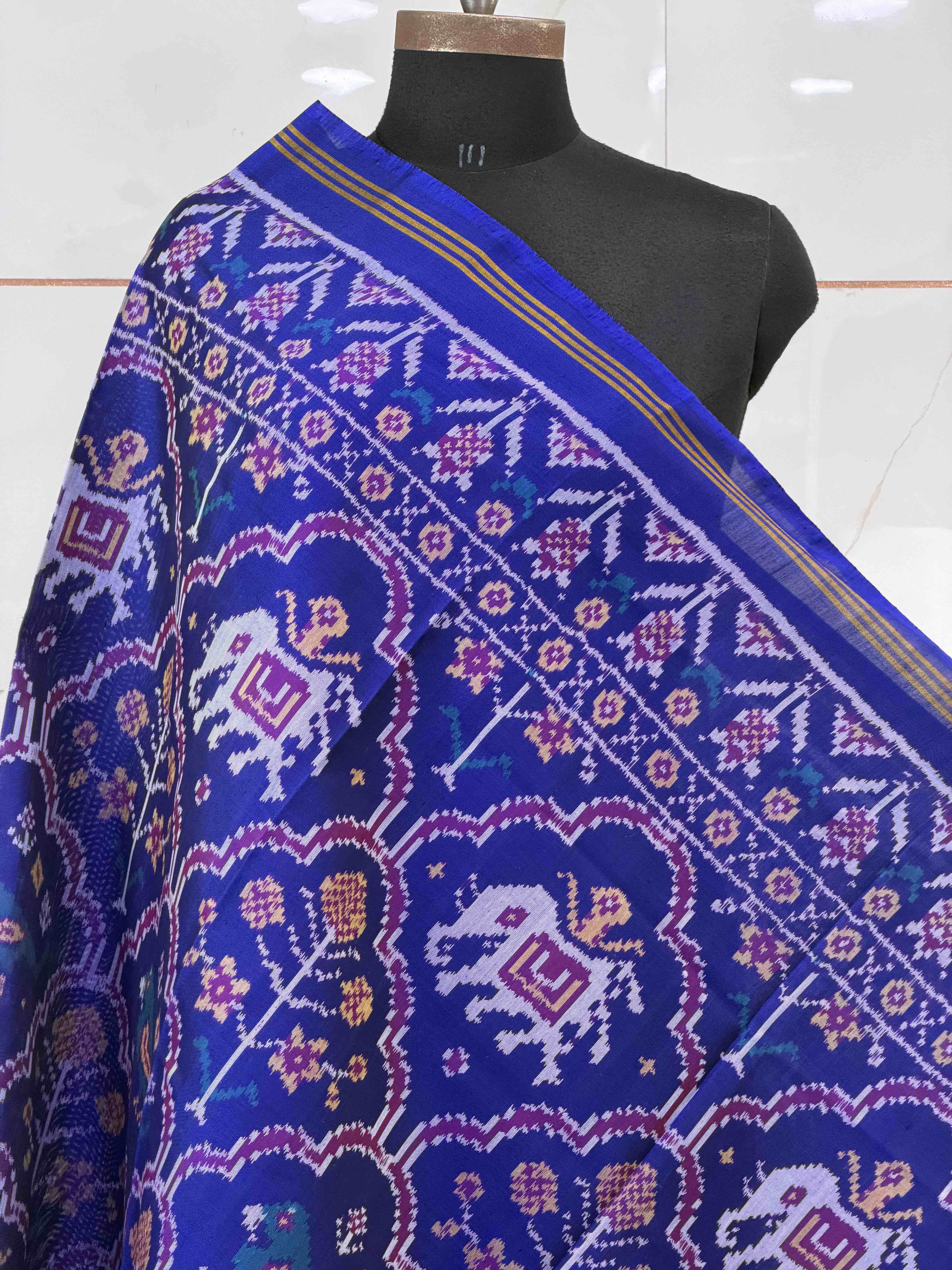 Blue floral figure design single ikat dupatta