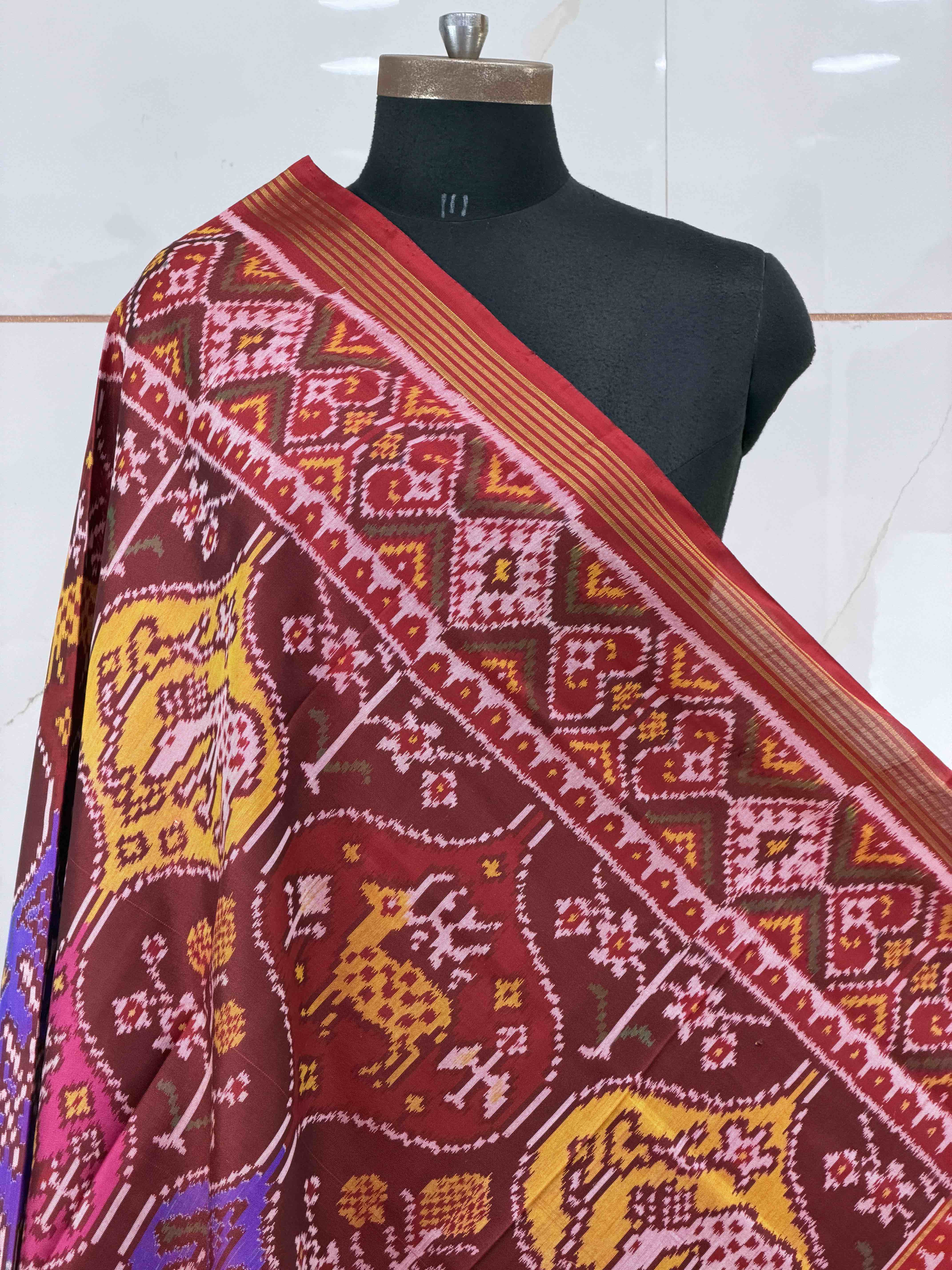 Maroon multi figure designer single ikat dupatta