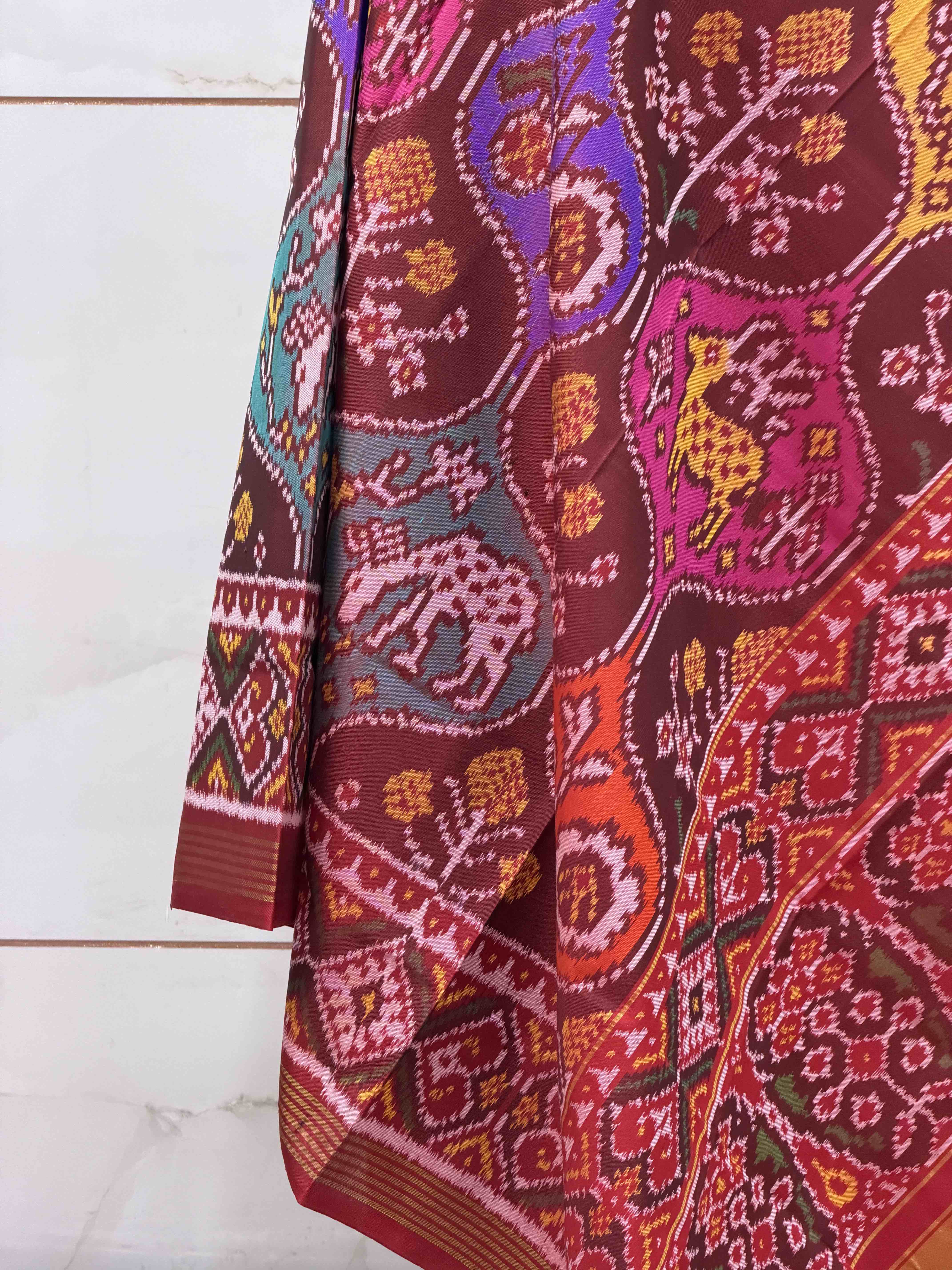 Maroon multi figure designer single ikat dupatta