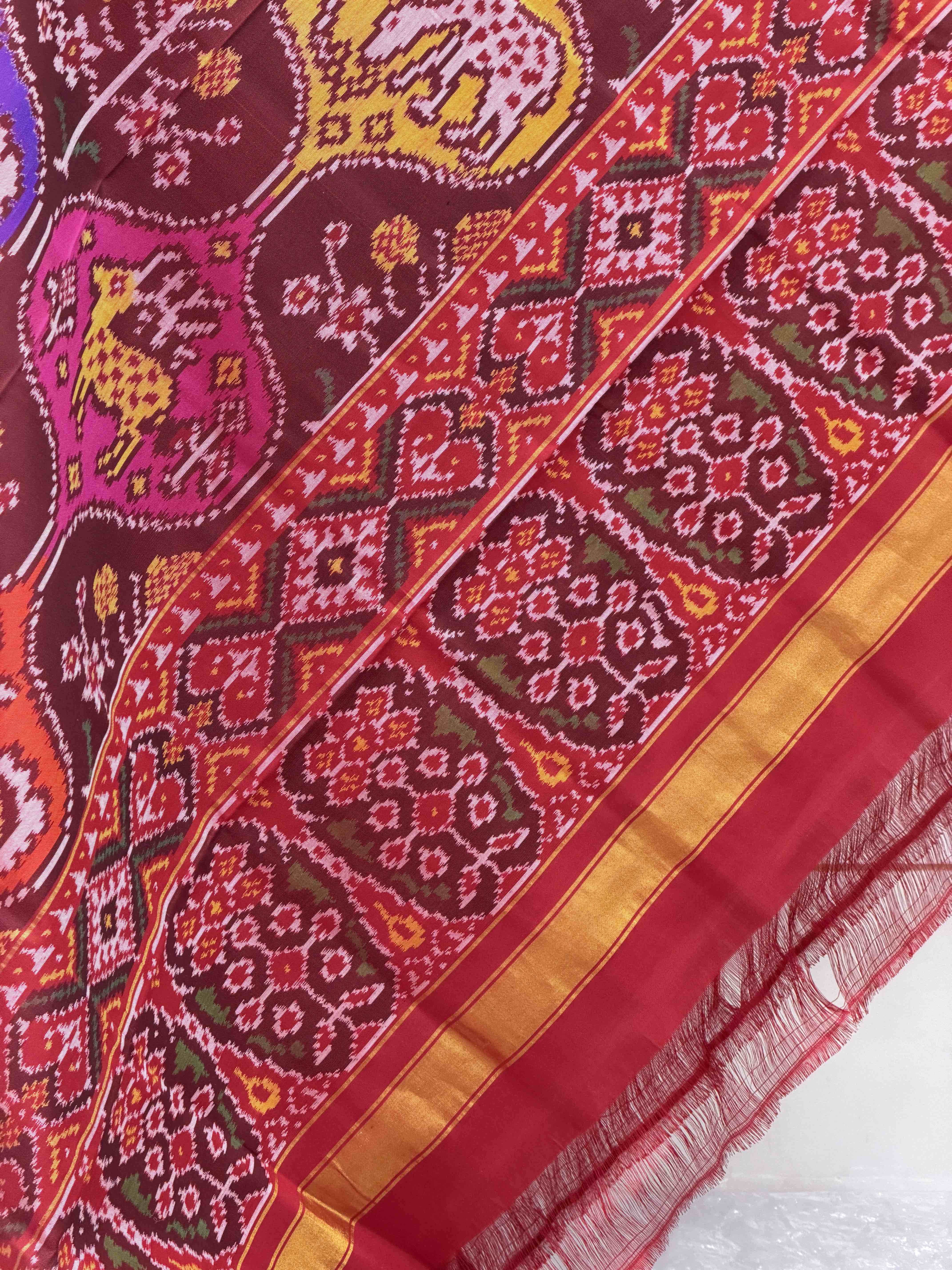 Maroon multi figure designer single ikat dupatta