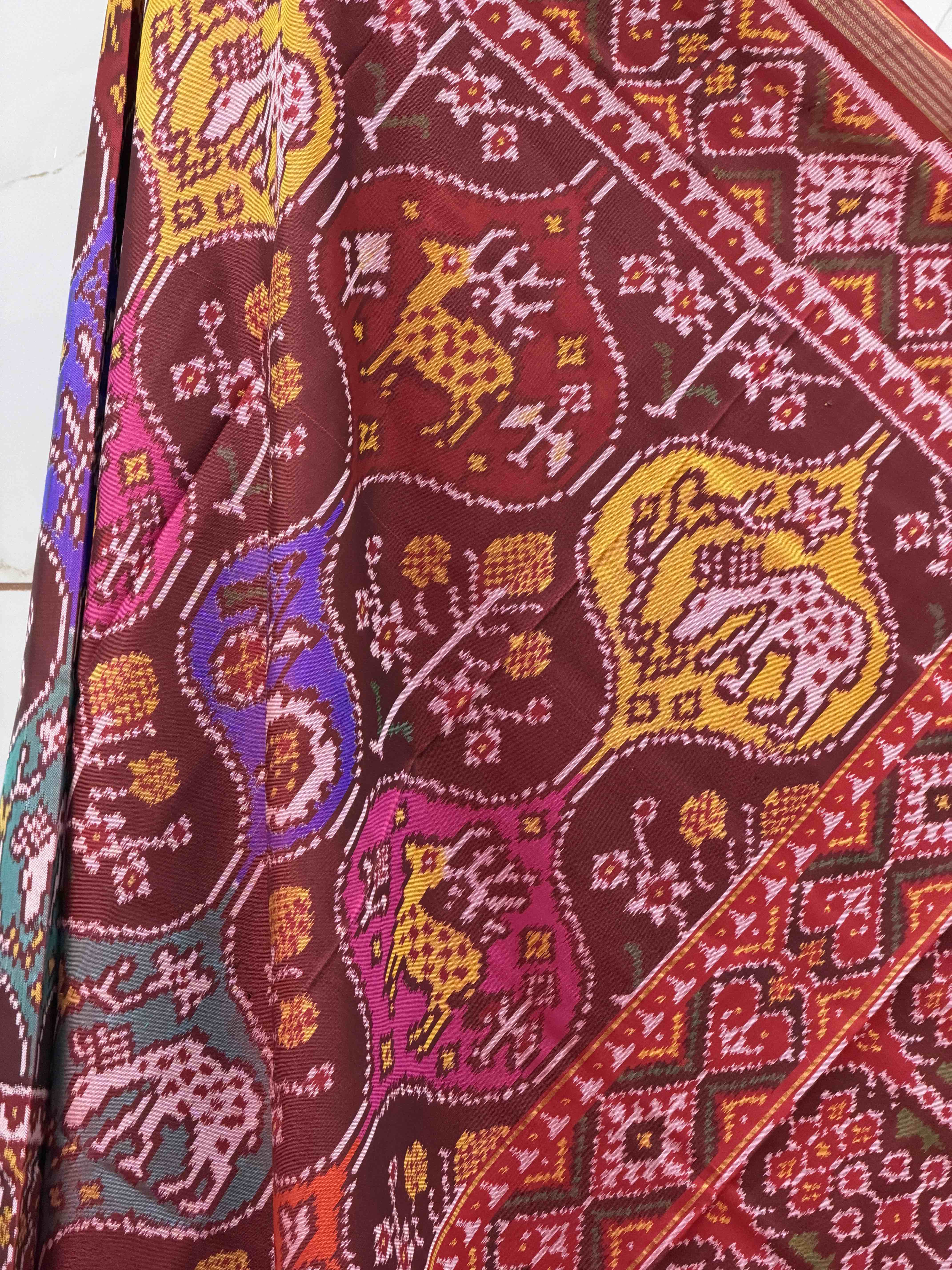 Maroon multi figure designer single ikat dupatta