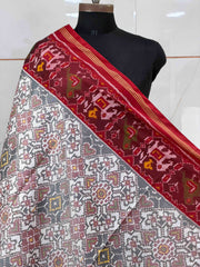 Red & white Manekchawk single ikat dupatta