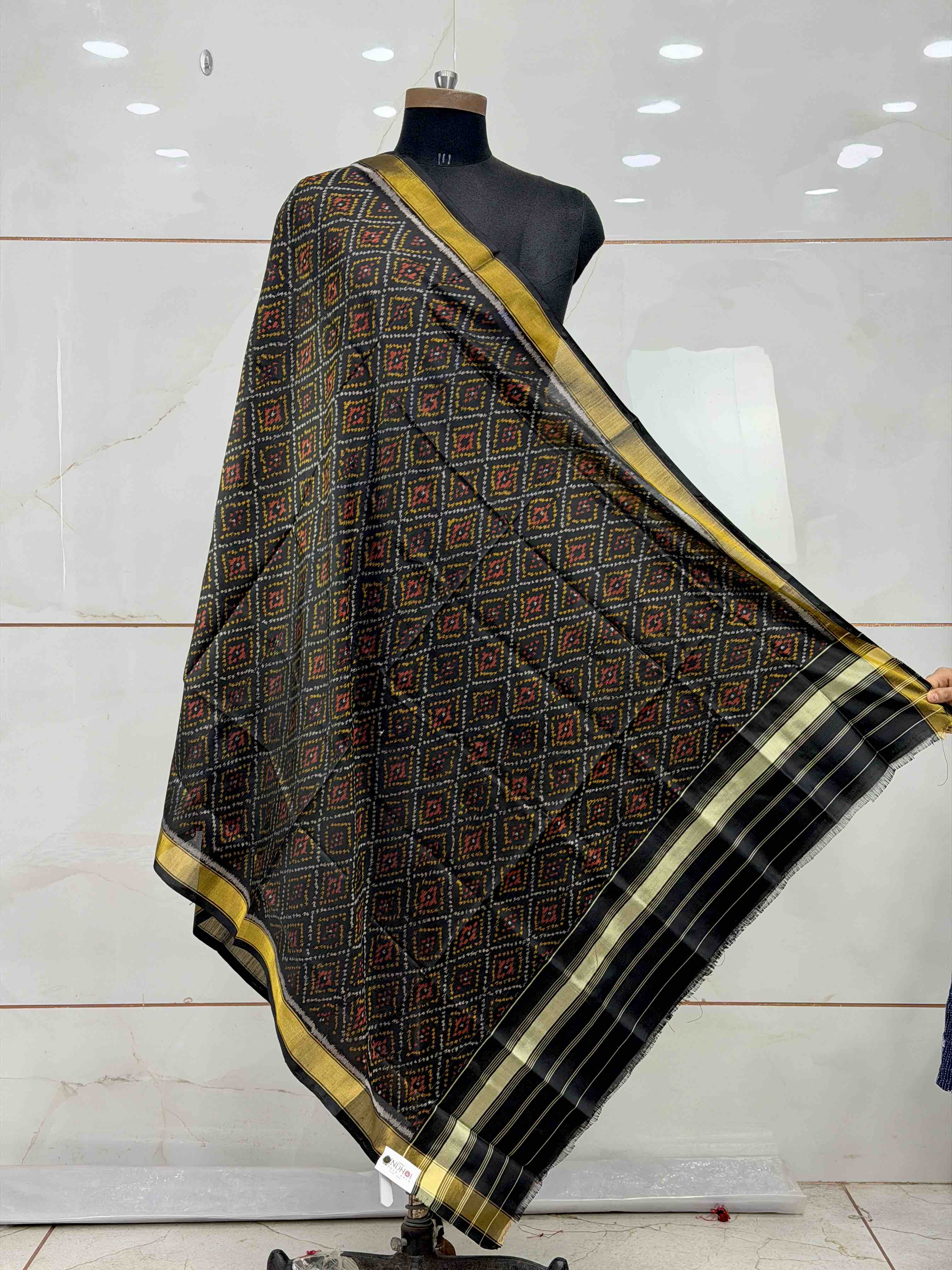 Small dupatta in black shade woven single ikat bandhani design