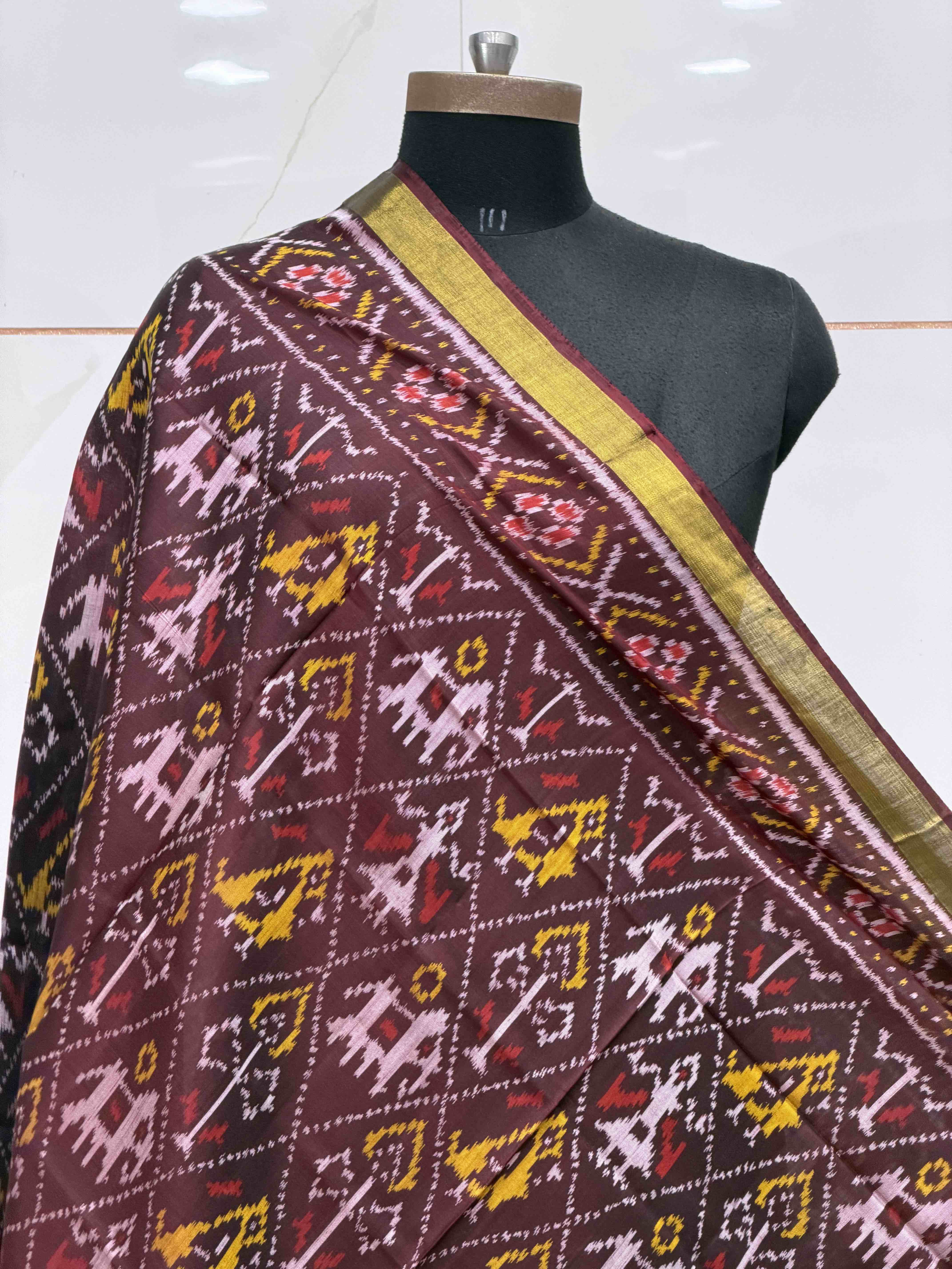 small dupatta in brown shade narikunj design single ikat woven