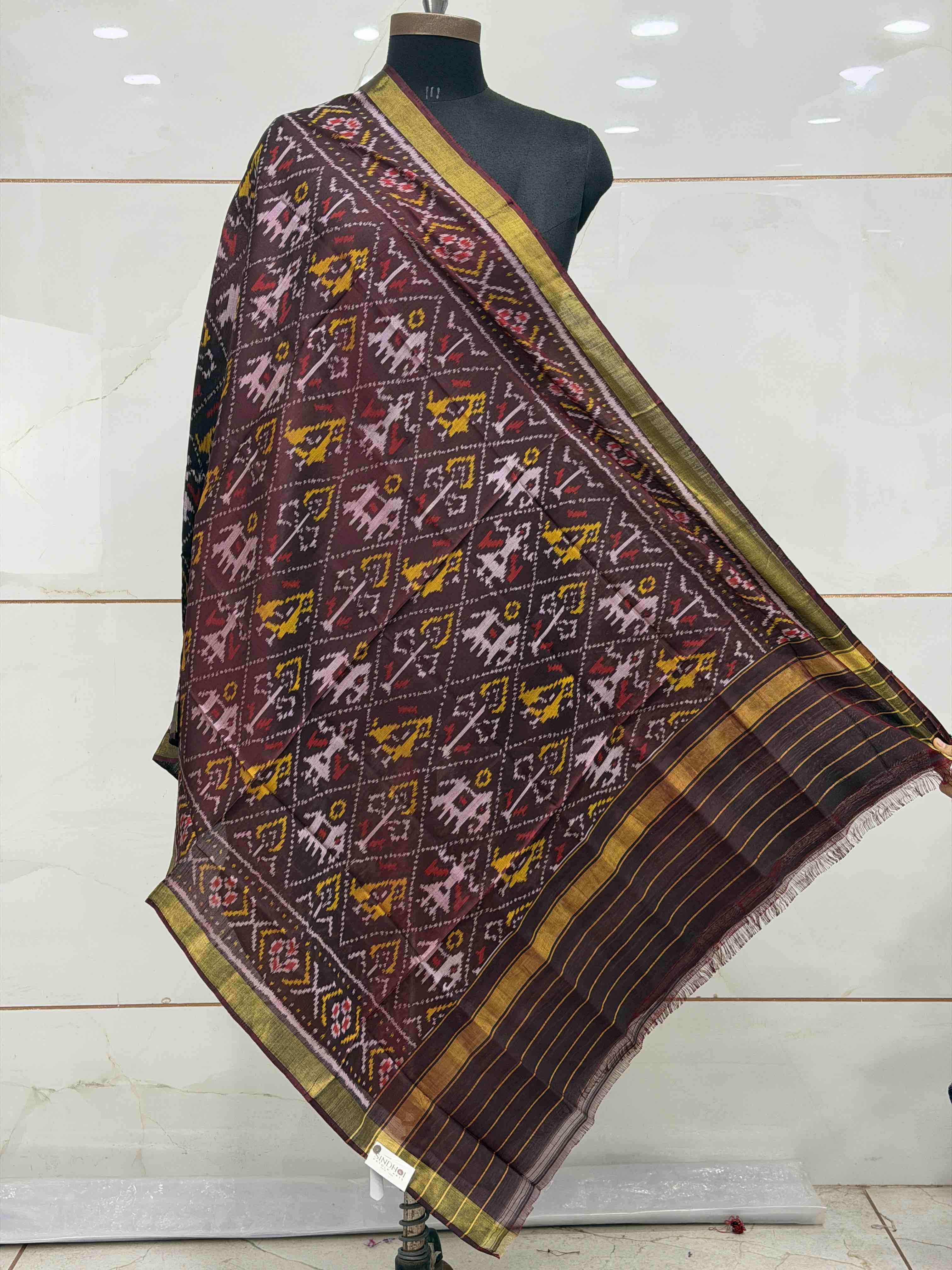 small dupatta in brown shade narikunj design single ikat woven