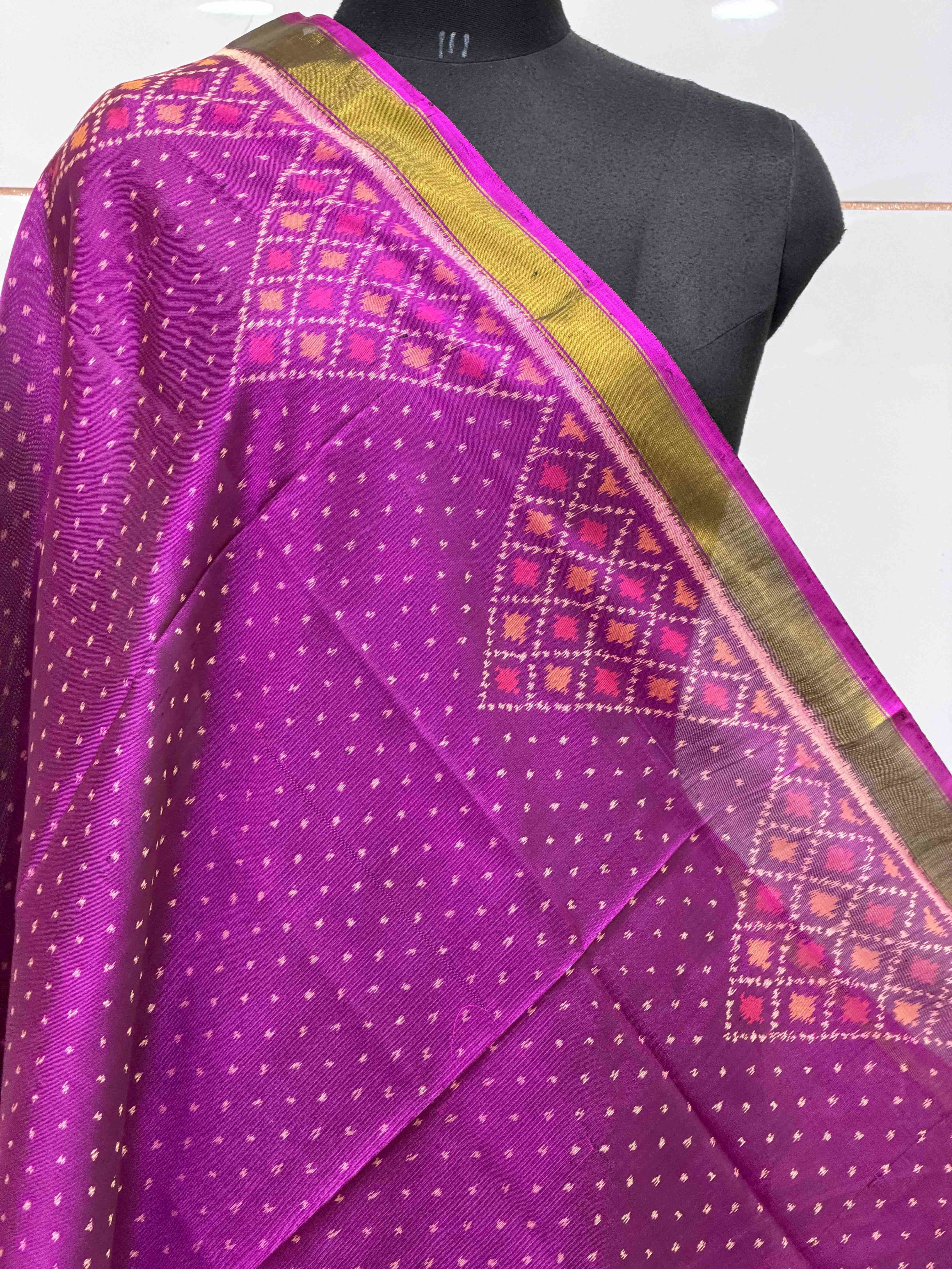 Magenta small dupatta woven in single ikat butti pattern