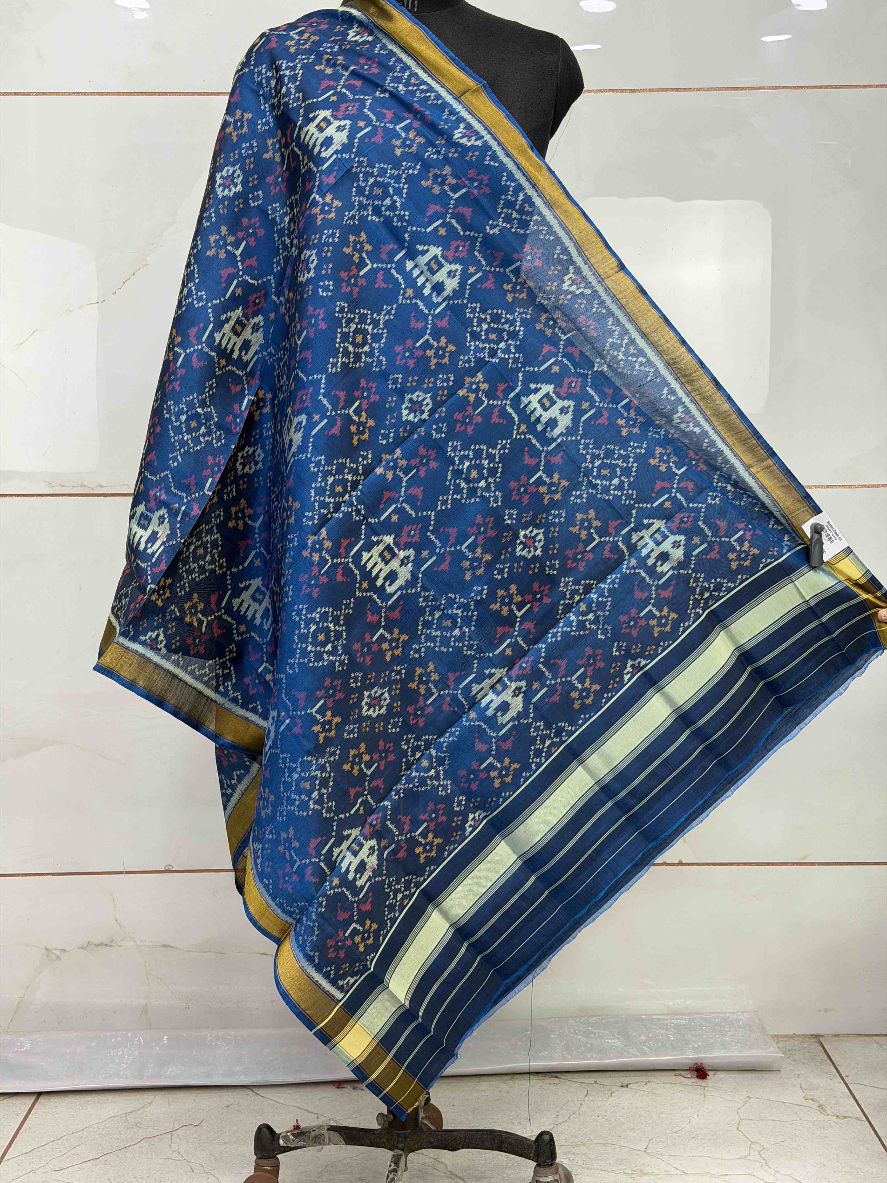 Teal blue fusion design small dupatta in single ikat