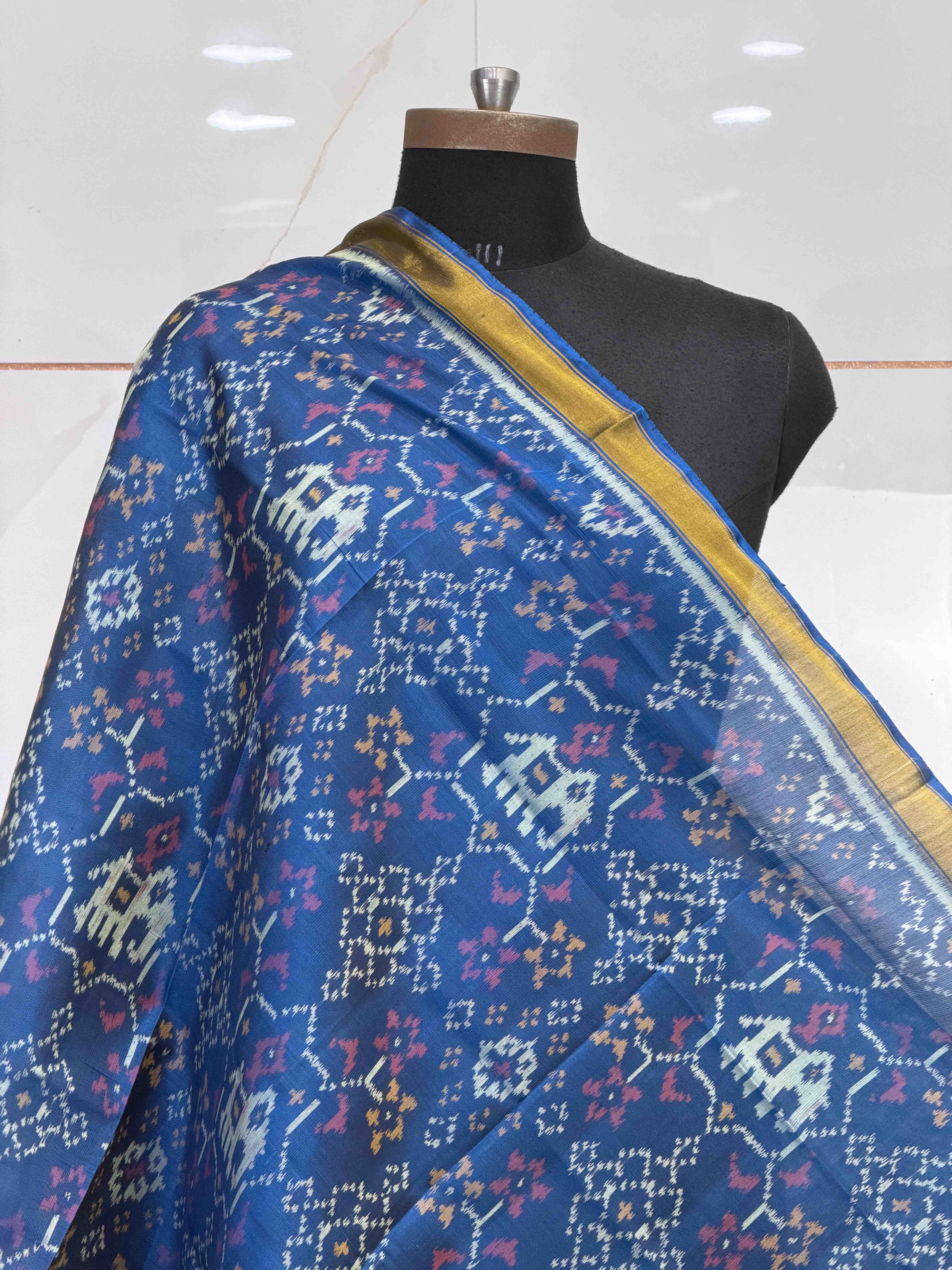 Teal blue fusion design small dupatta in single ikat