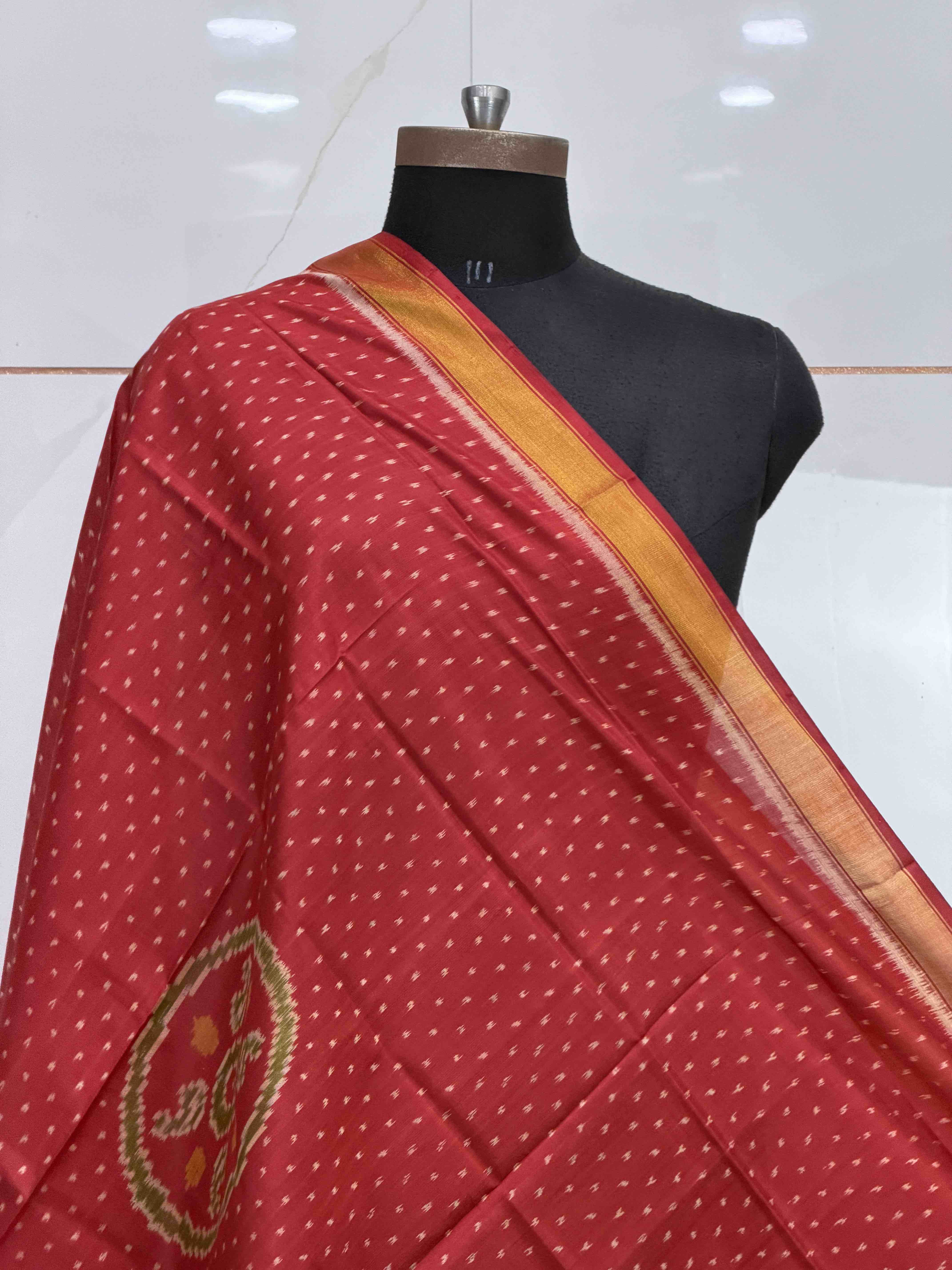 Red circle design small dupatta in single ikat woven