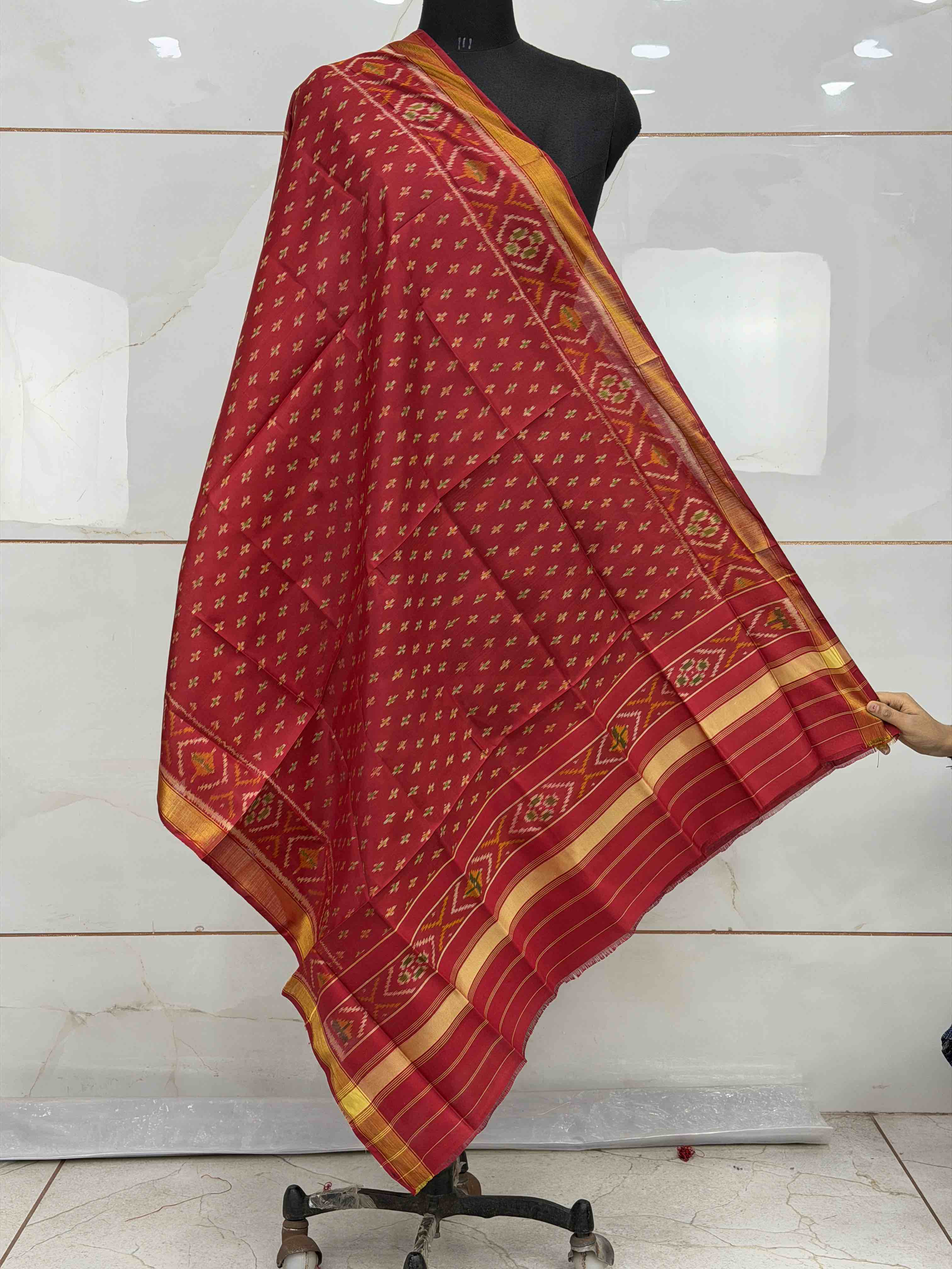 Red butti design small dupatta in single ikat woven