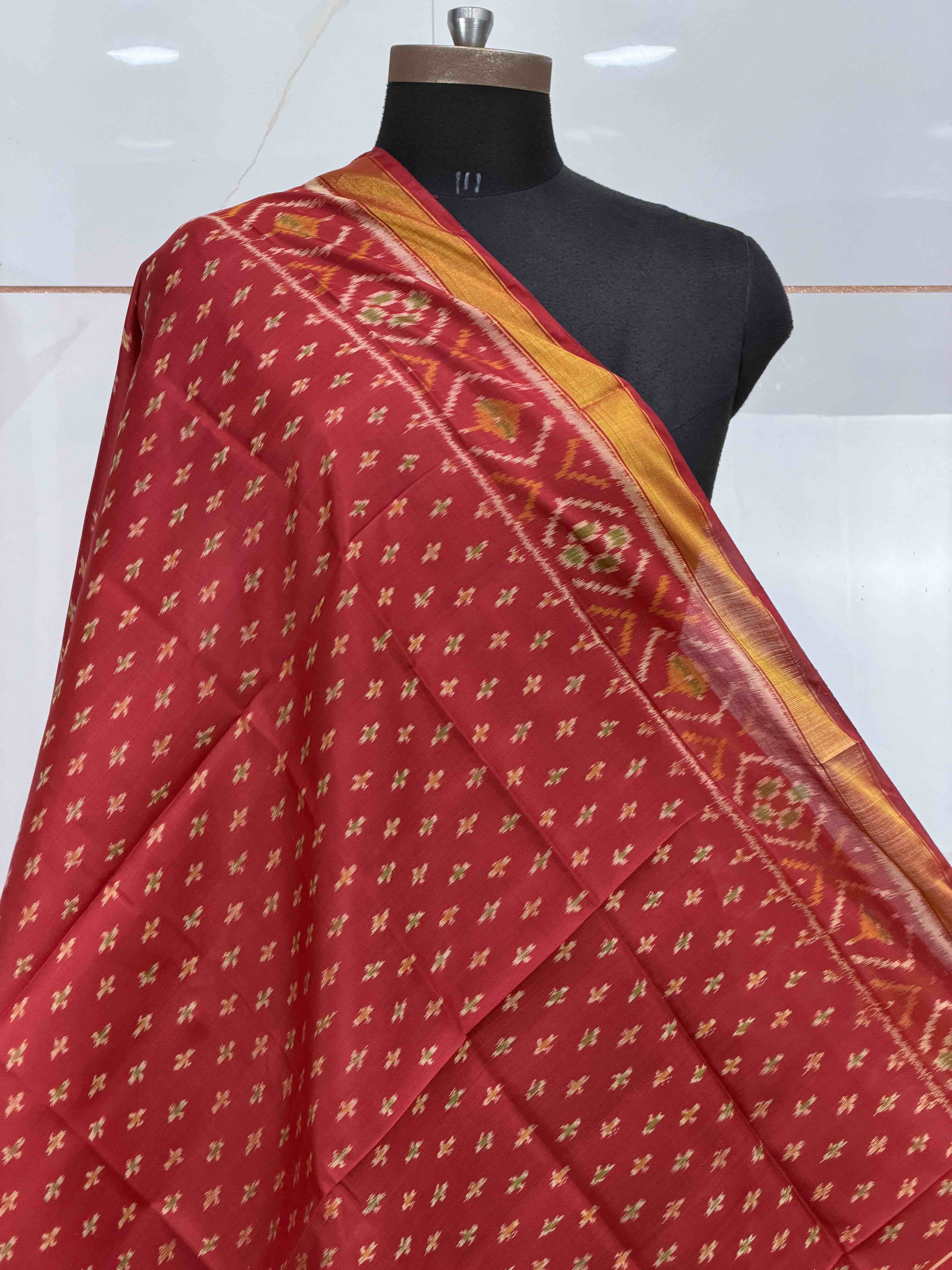 Red butti design small dupatta in single ikat woven