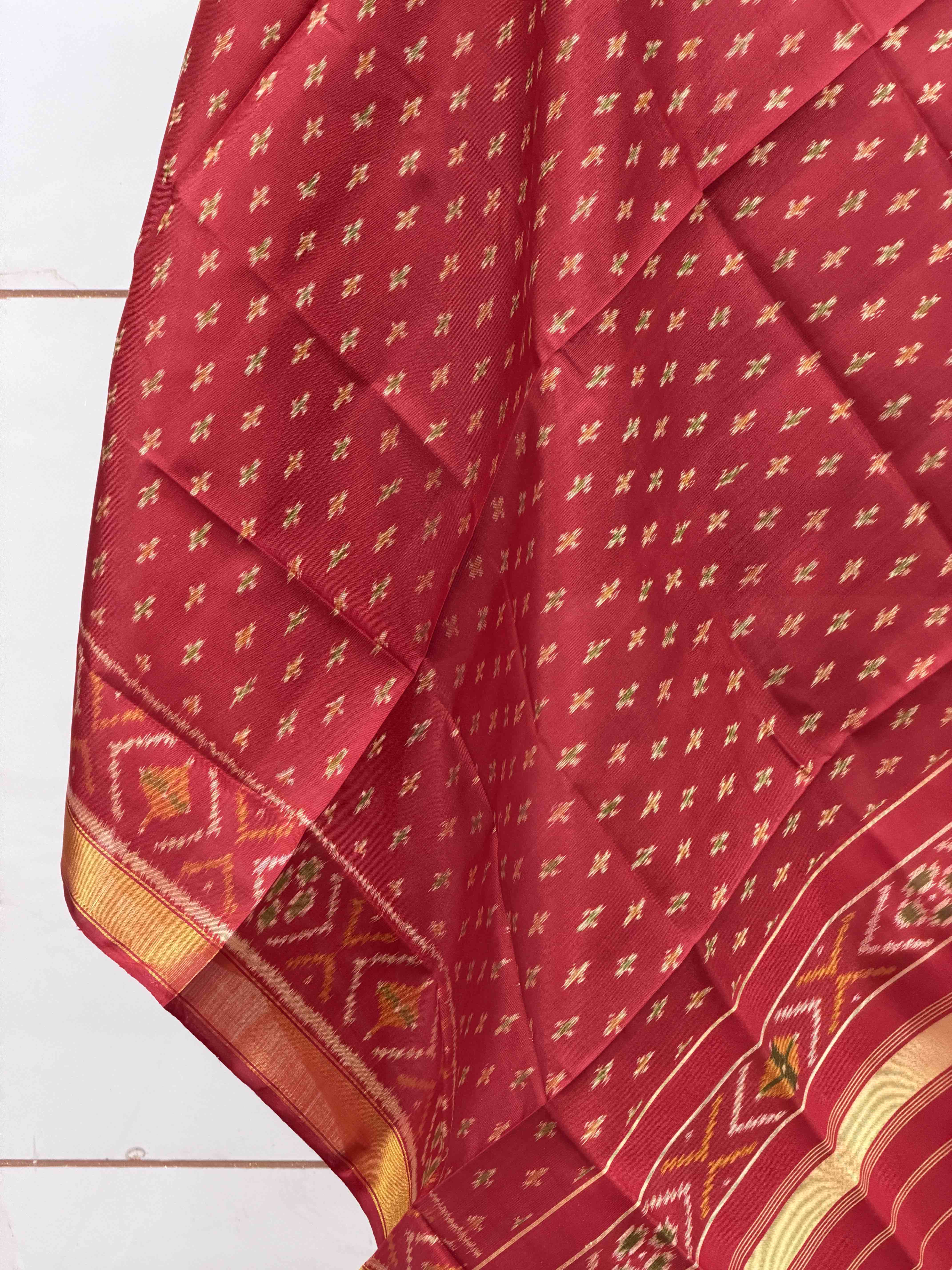 Red butti design small dupatta in single ikat woven