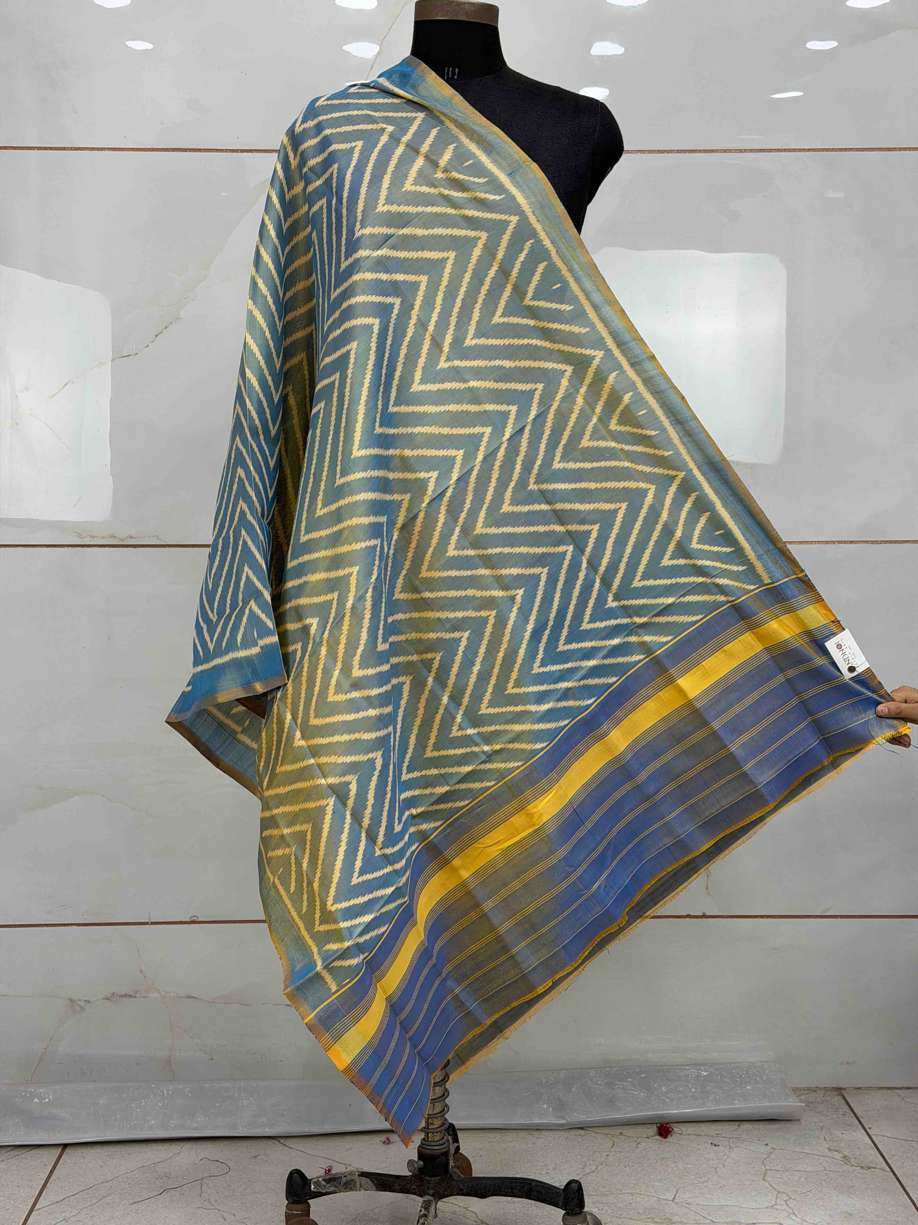 Blue into Golden shaded Zigzag small dupatta