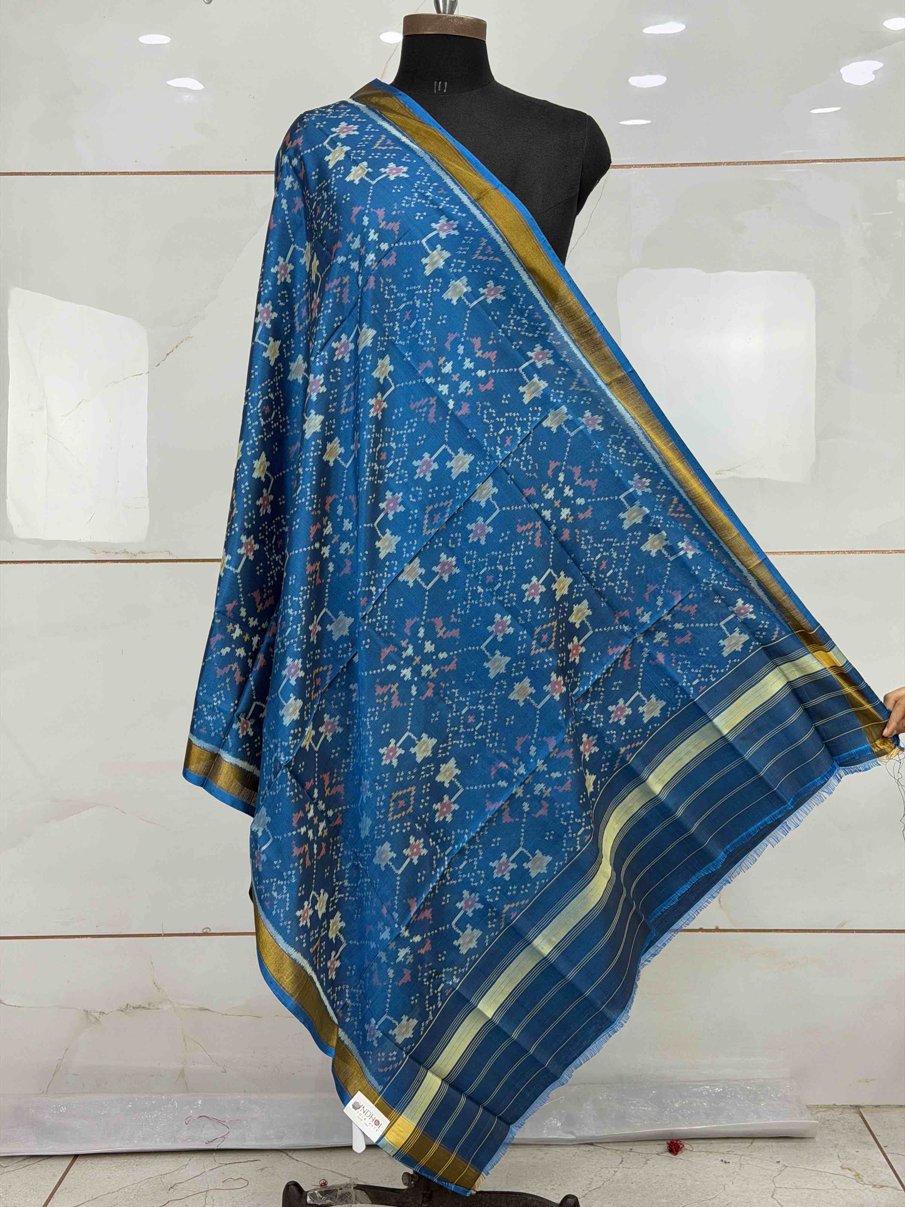 Teal blue navaratan small dupatta in single ikat