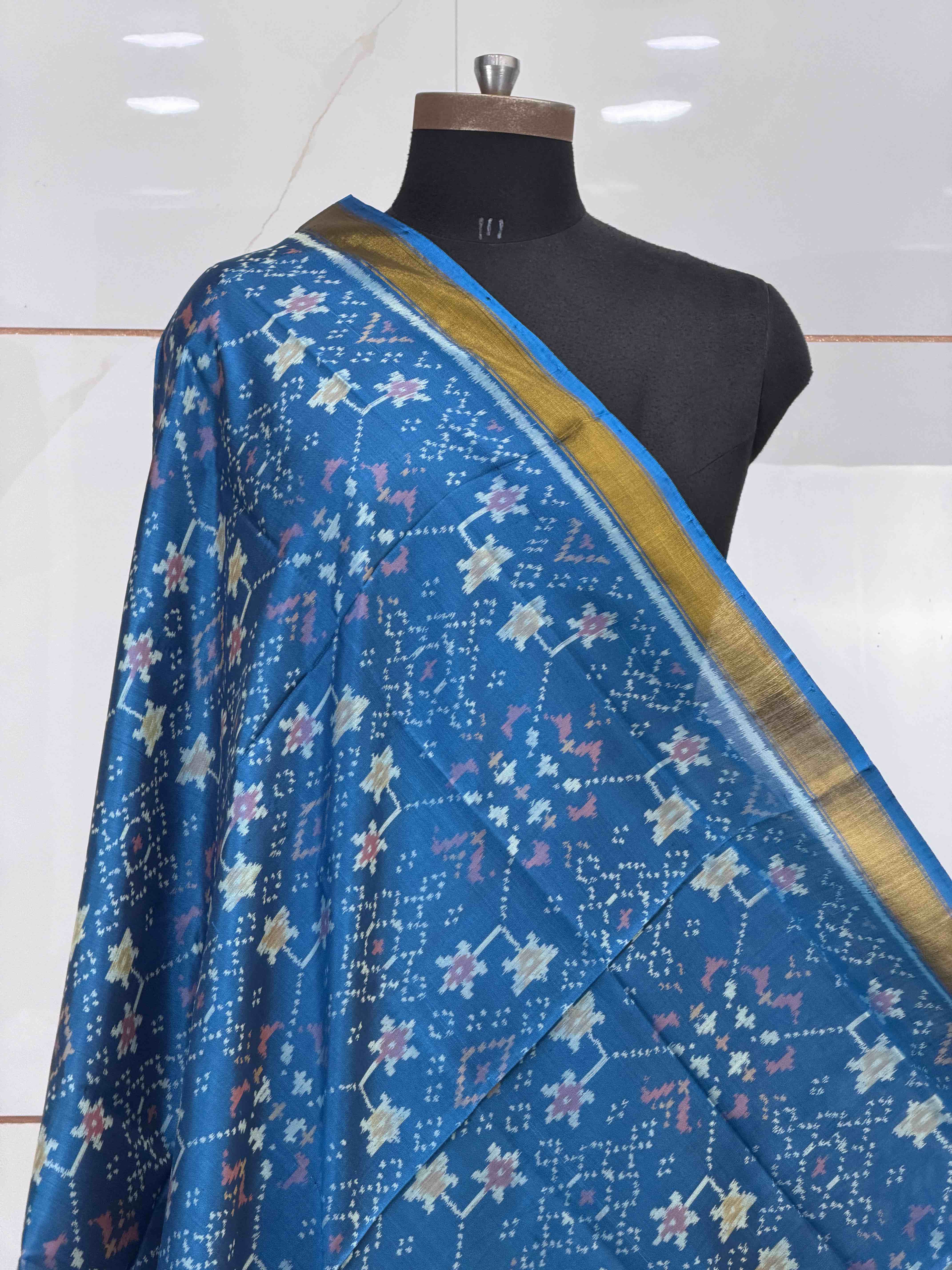 Teal blue navaratan small dupatta in single ikat