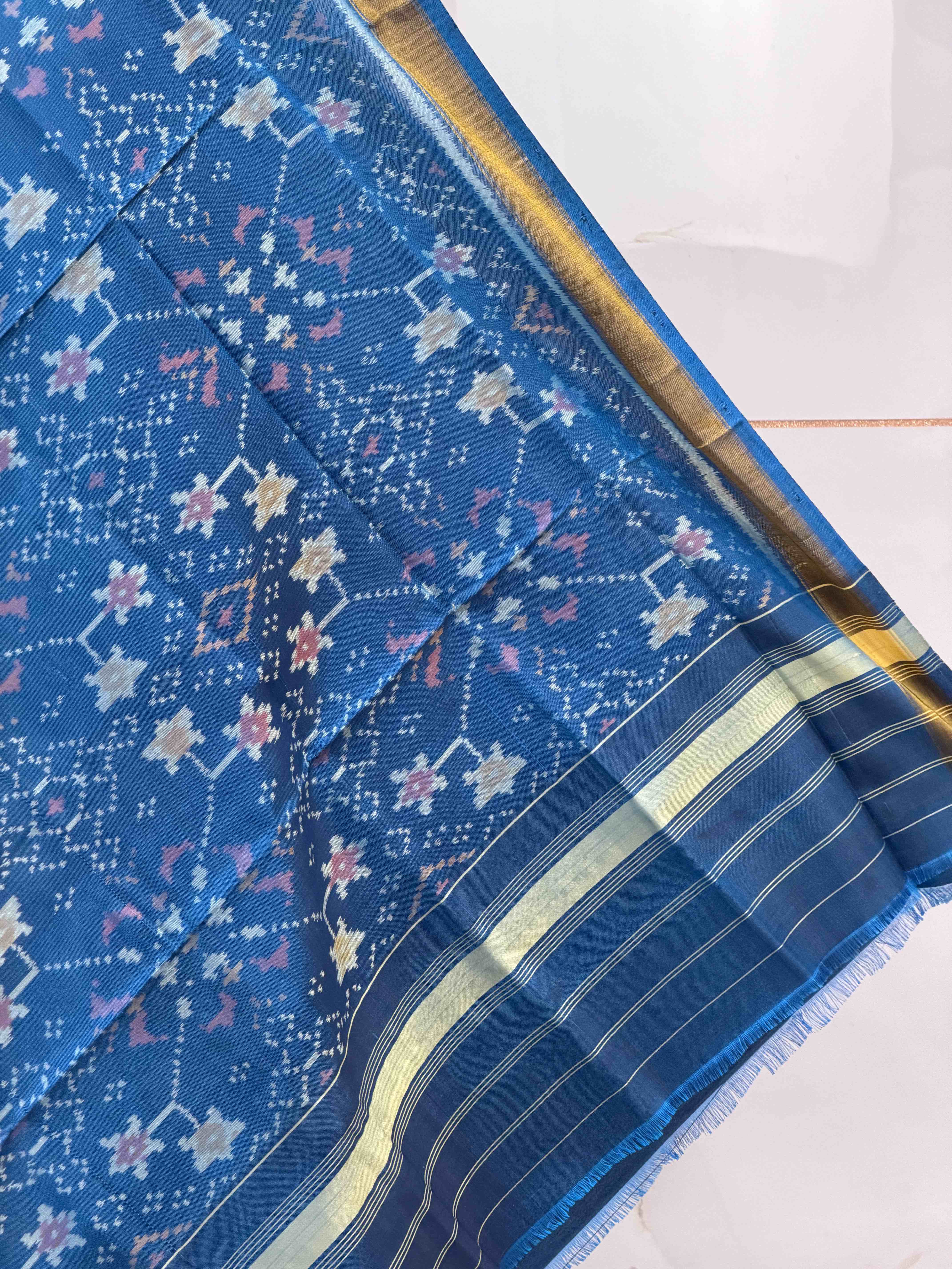 Teal blue navaratan small dupatta in single ikat