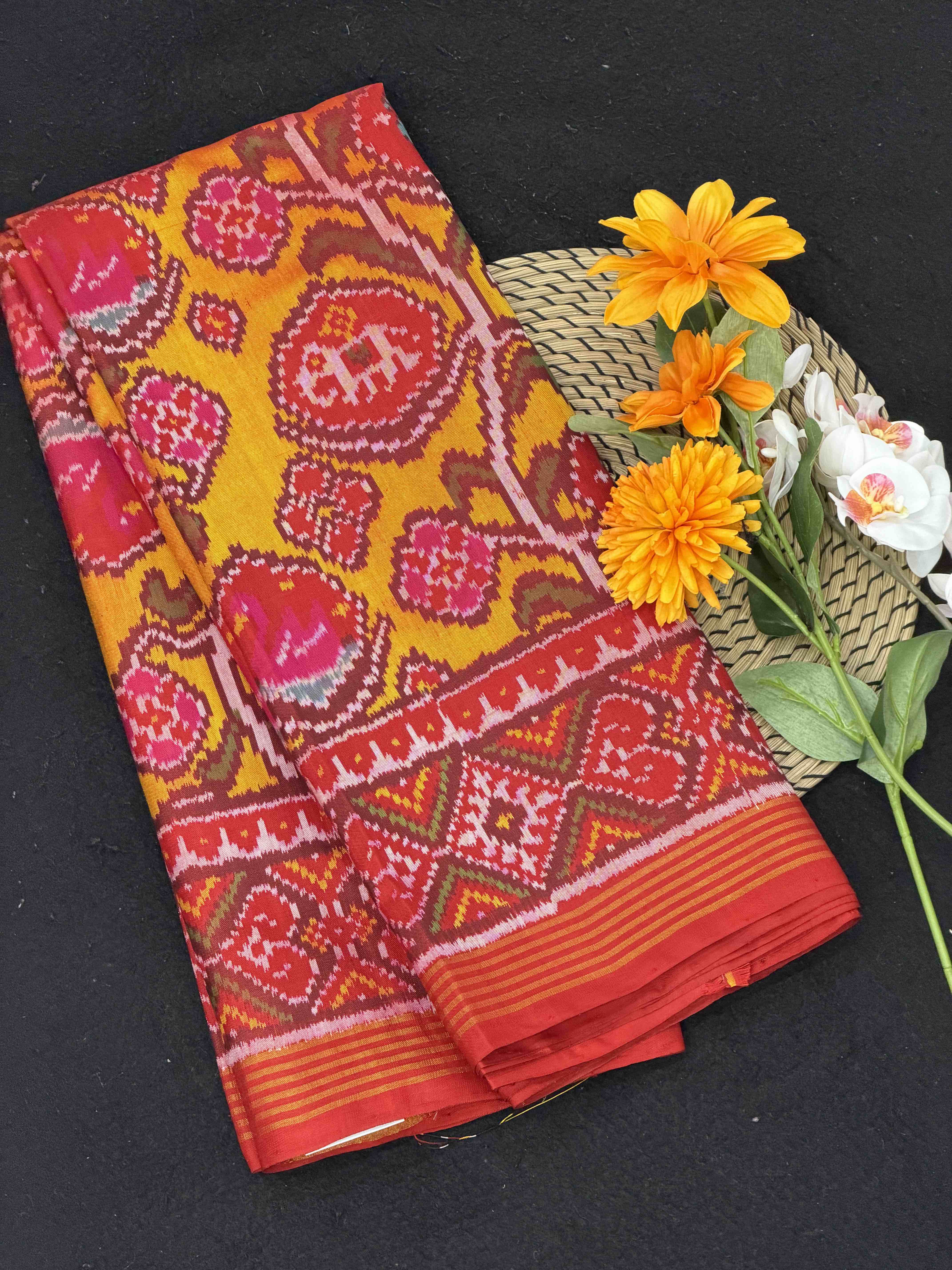 Red & musterd floral patterns Single ikat Patola