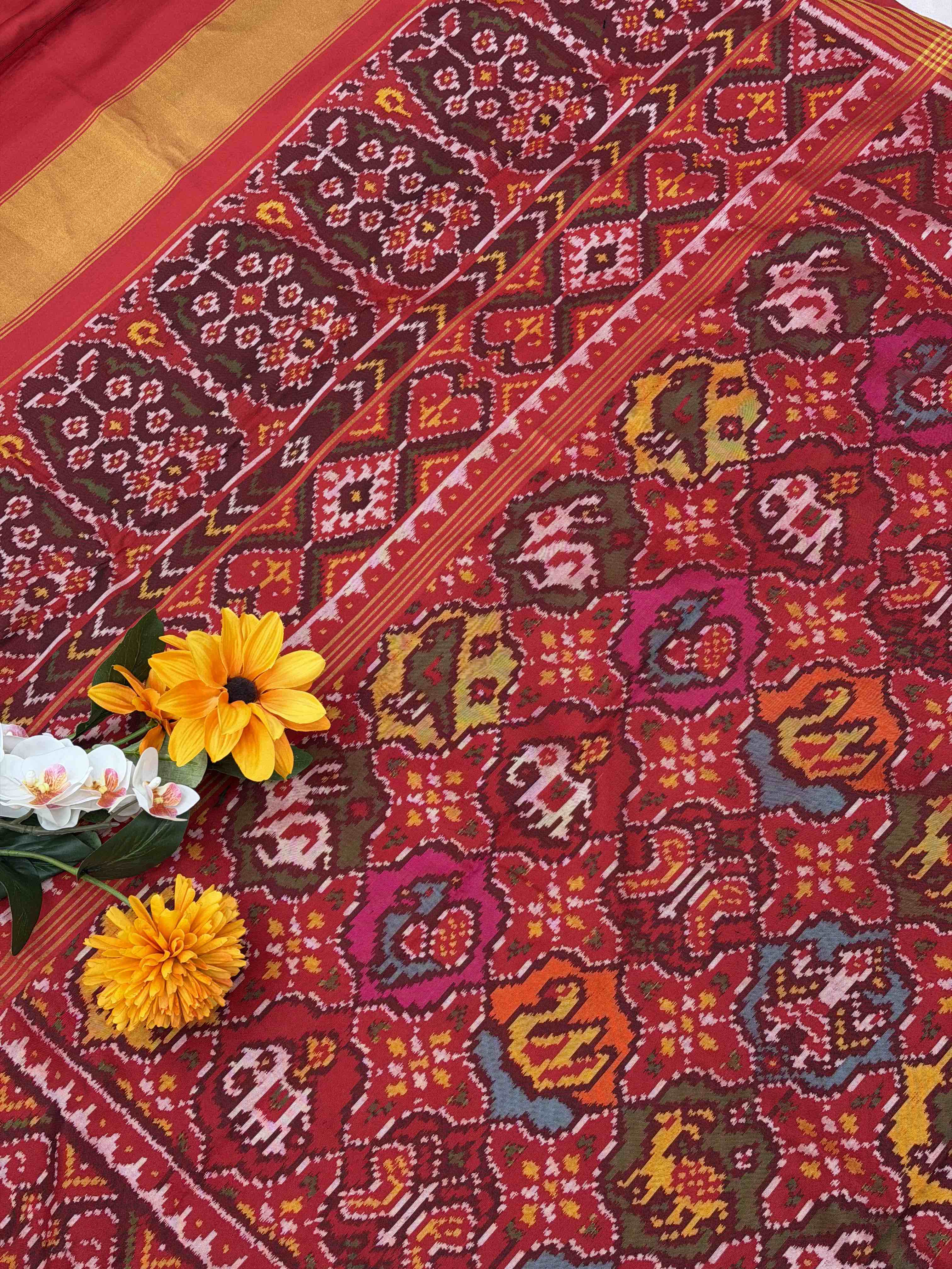 Red with small multi figures single Ikat Patola Saree