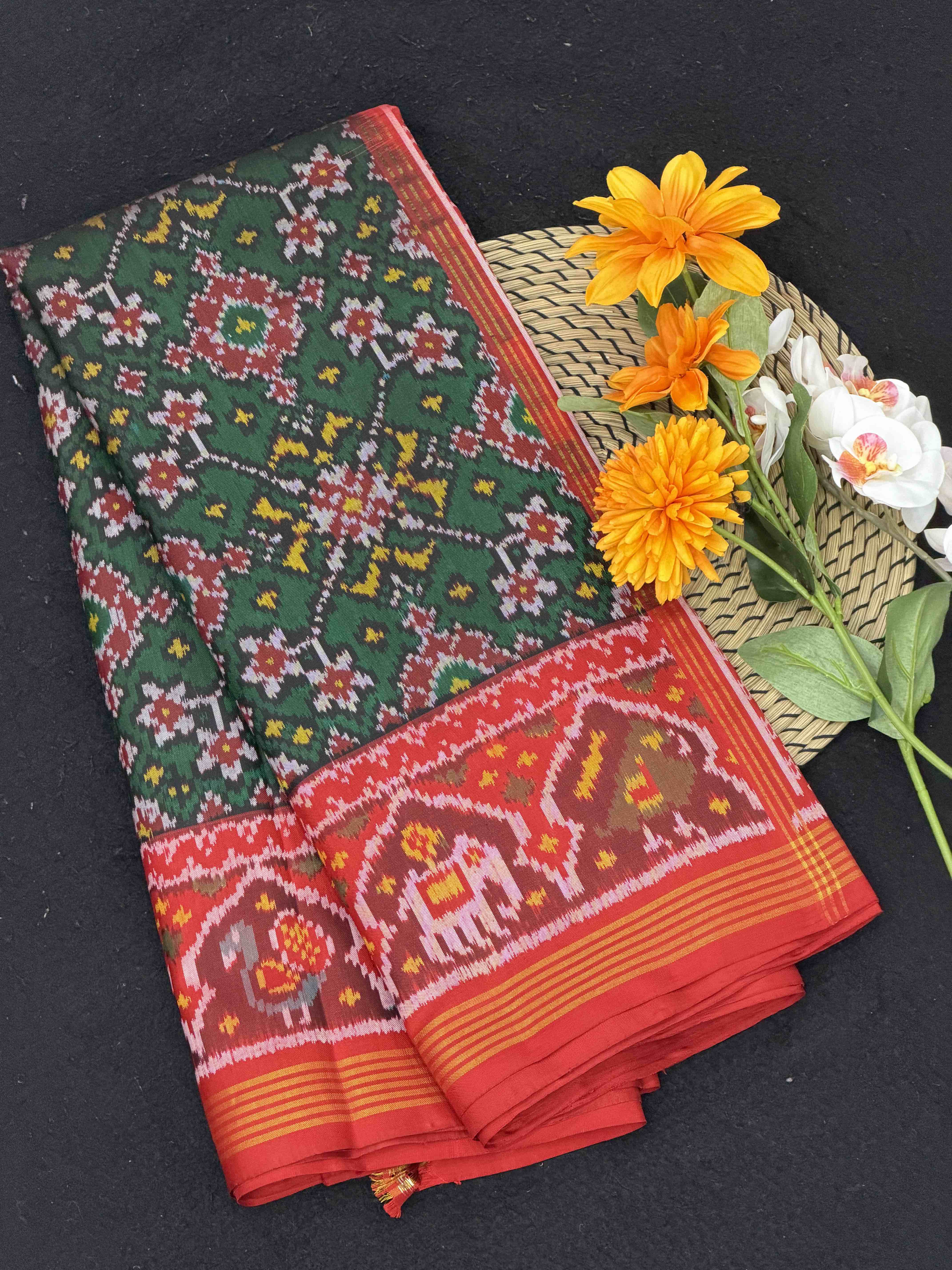 Red & Green Navaratan Single Ikat Patola Saree