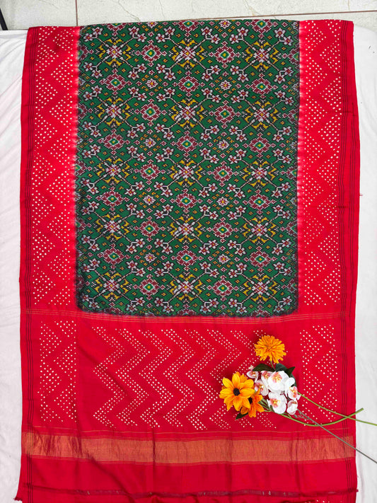 red & green semi double ikat bandhani patola saree